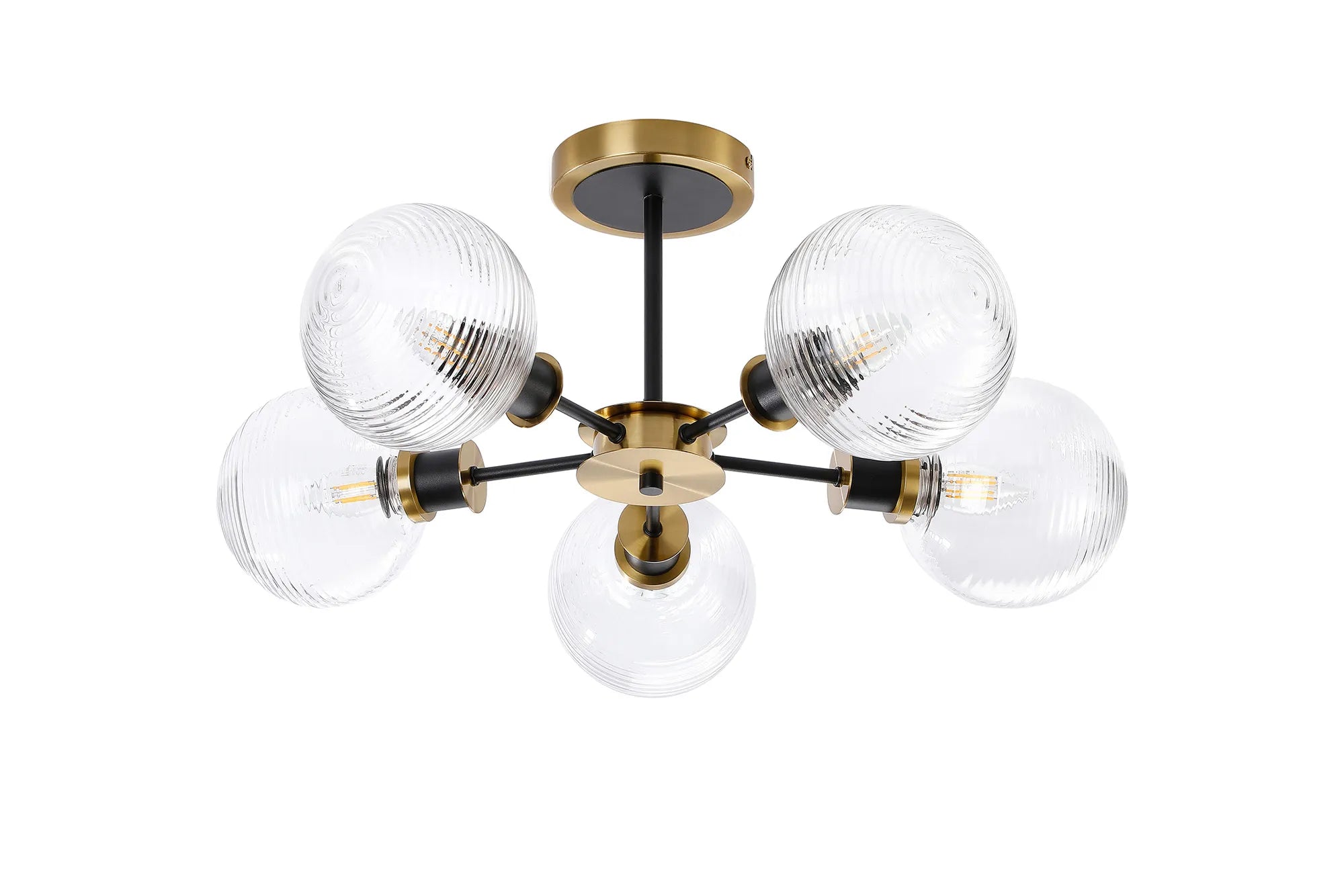 Sycamore Semi Ceiliing 5 Light with 15cm Round Ribbed Glass Shade - Brass, Clear & Satin Black