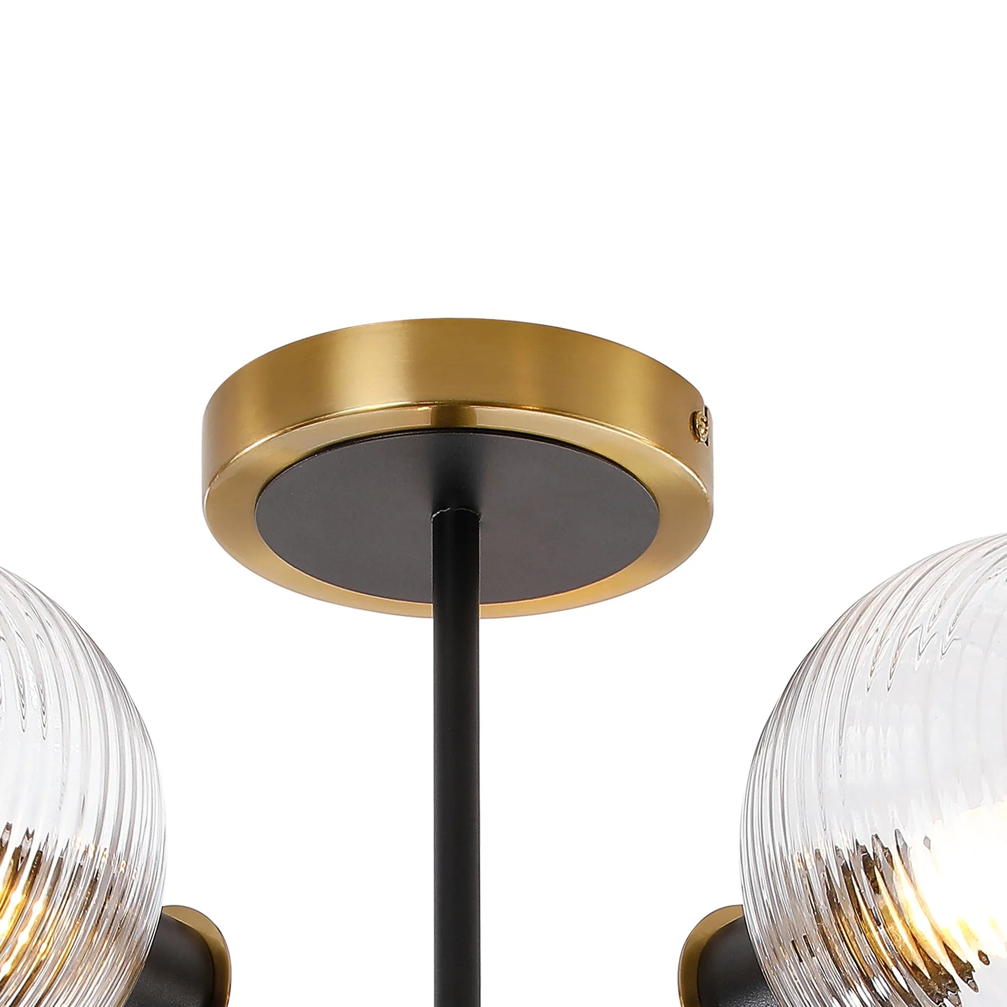 Sycamore Semi Ceiliing 5 Light with 15cm Round Ribbed Glass Shade - Brass, Clear & Satin Black