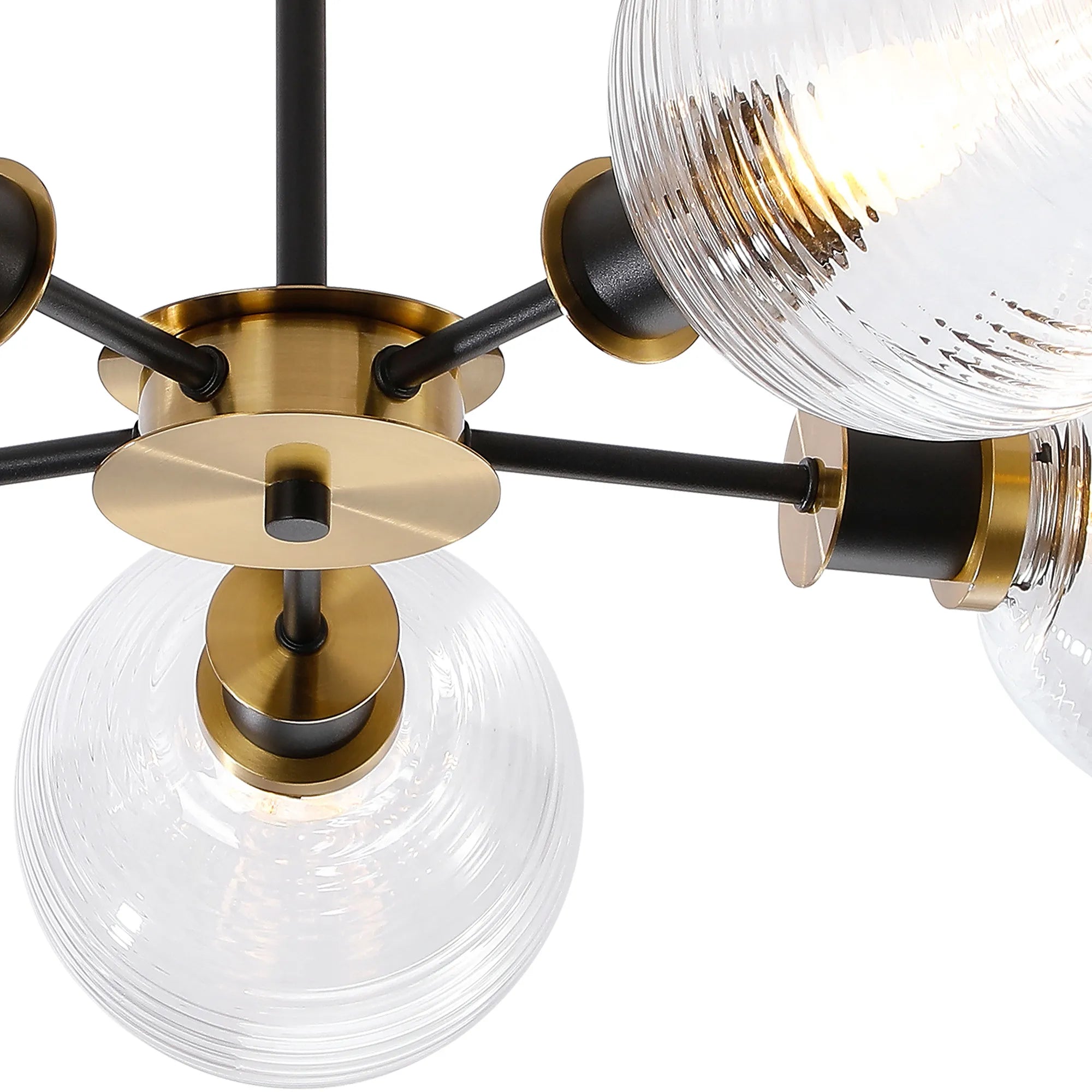 Sycamore Semi Ceiliing 5 Light with 15cm Round Ribbed Glass Shade - Brass, Clear & Satin Black