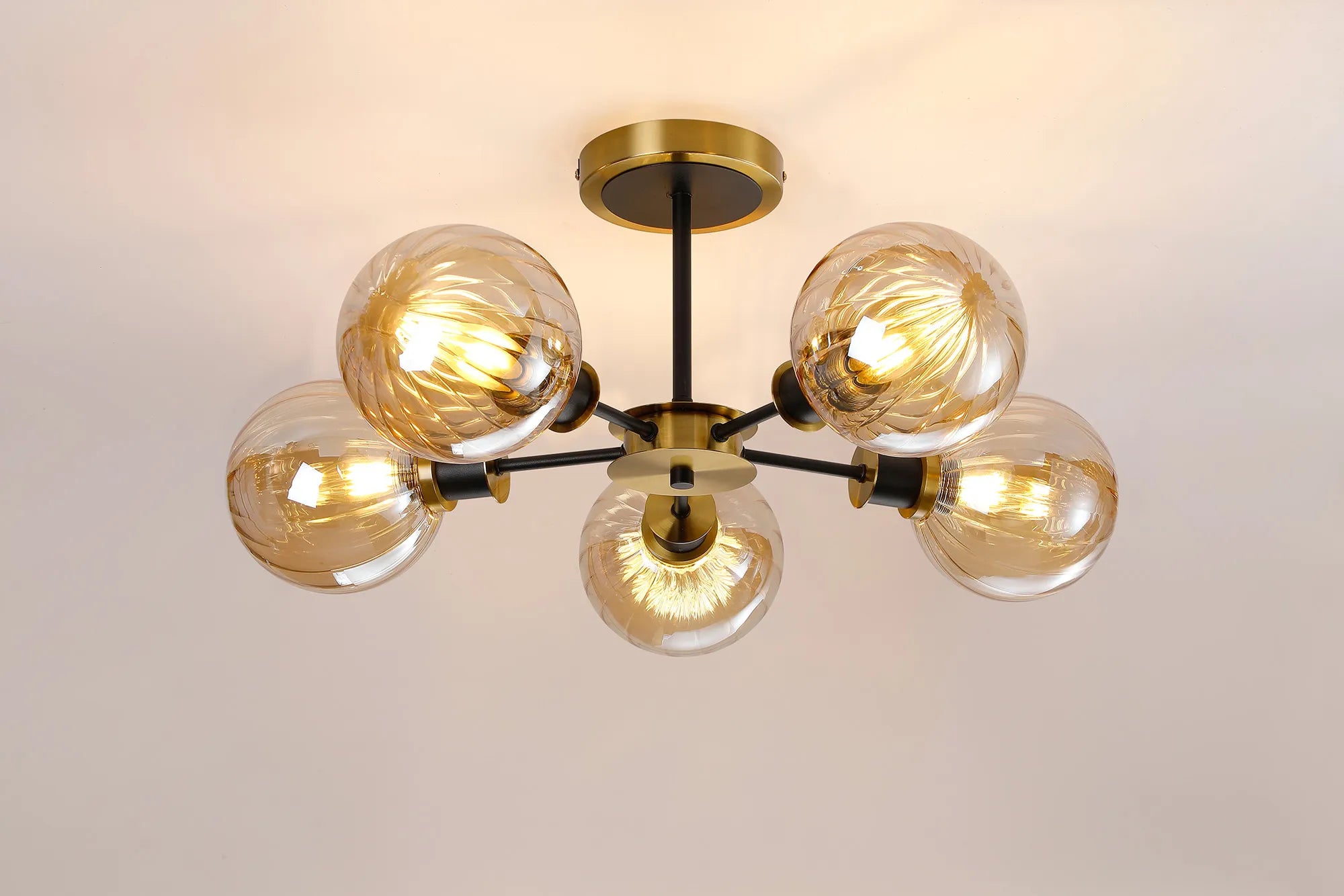 Sycamore Semi Ceiliing 5 Light with 15cm Round Segment Glass Shade - Brass, Amber Plated & Satin Black