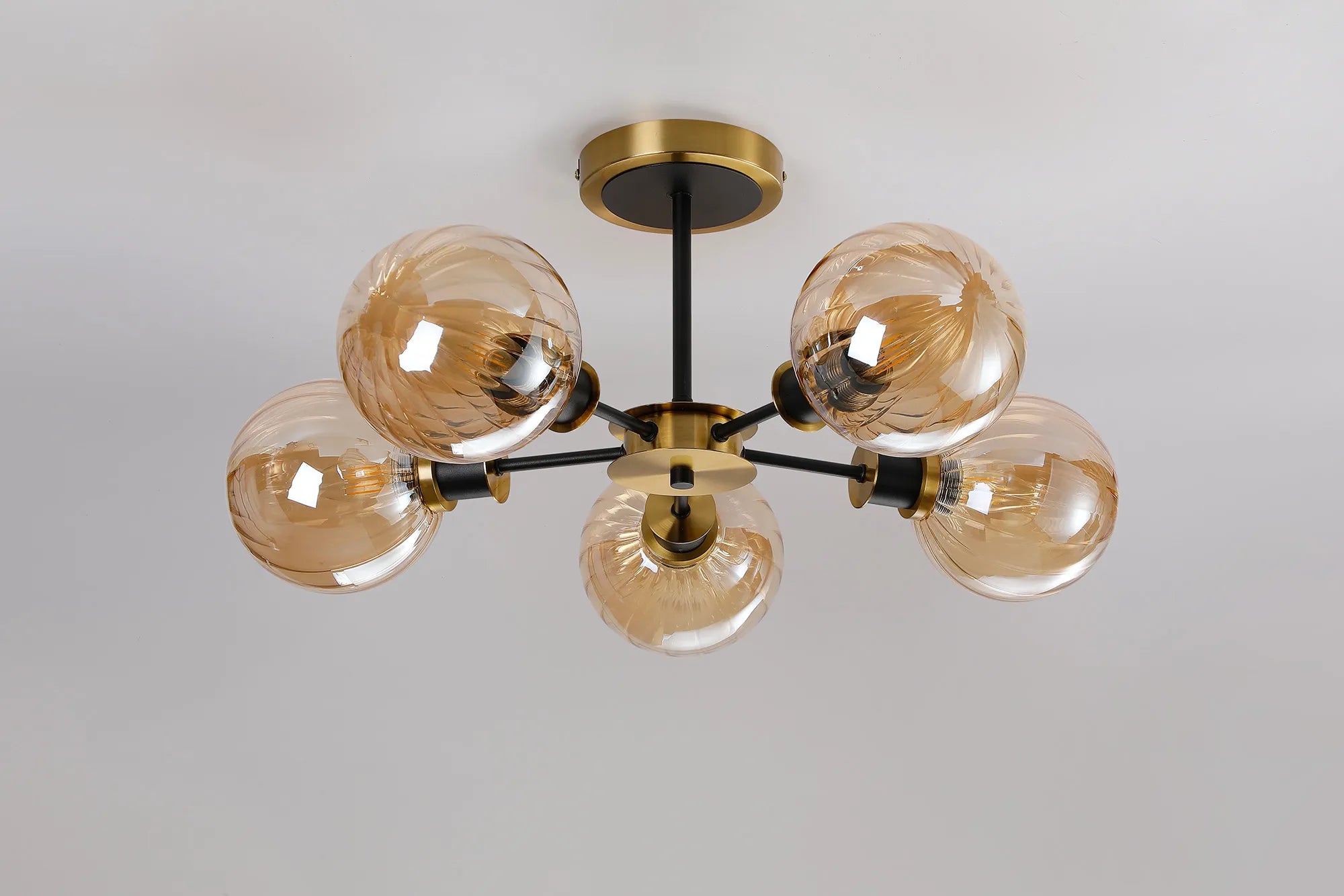 Sycamore Semi Ceiliing 5 Light with 15cm Round Segment Glass Shade - Brass, Amber Plated & Satin Black