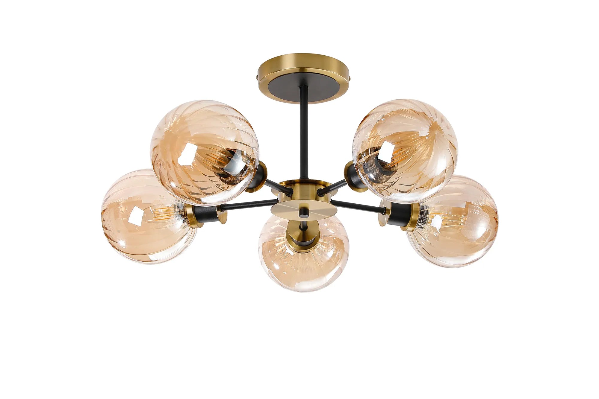 Sycamore Semi Ceiliing 5 Light with 15cm Round Segment Glass Shade - Brass, Amber Plated & Satin Black