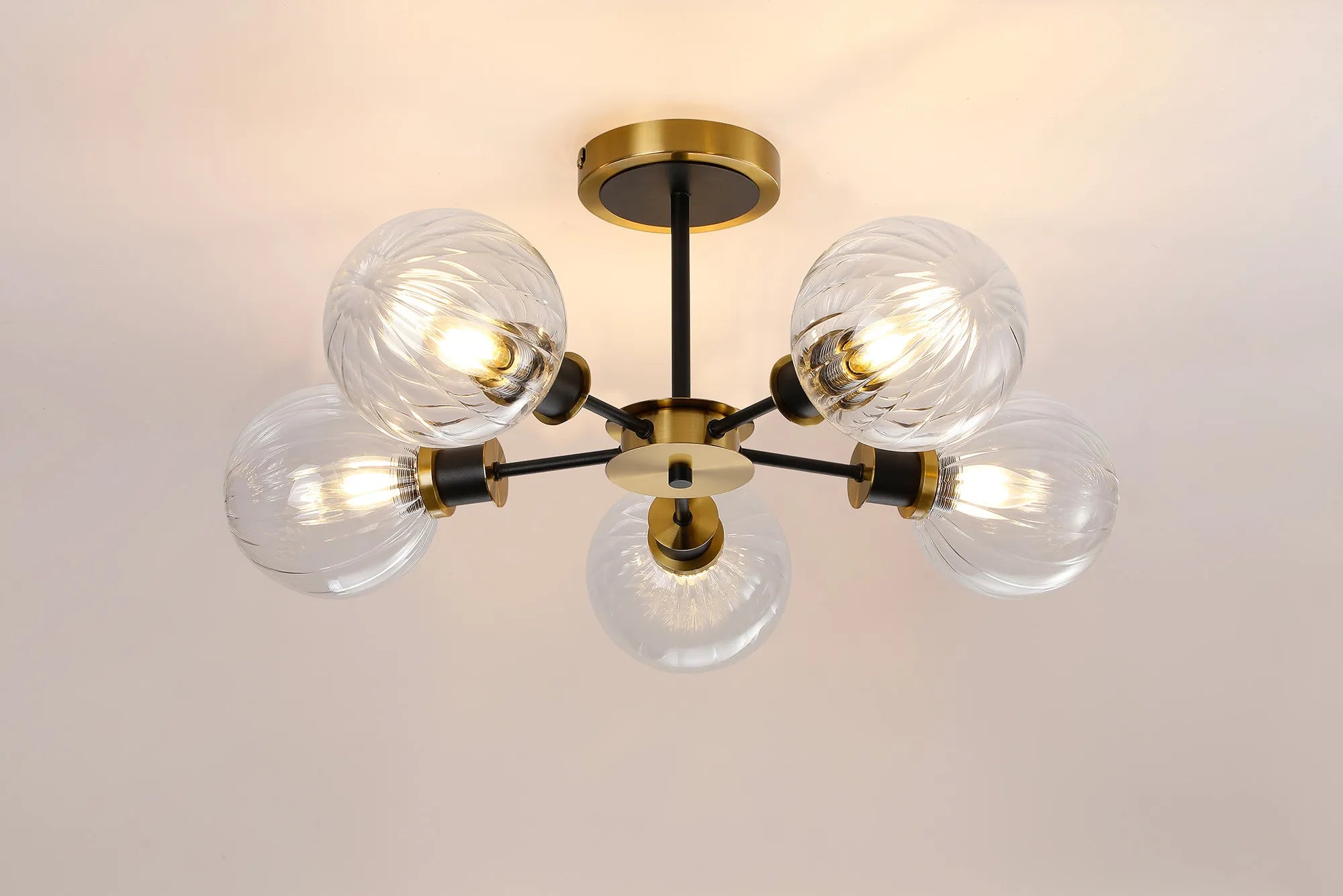 Sycamore Semi Ceiliing 5 Light with 15cm Round Segment Glass Shade - Brass, Clear & Satin Black