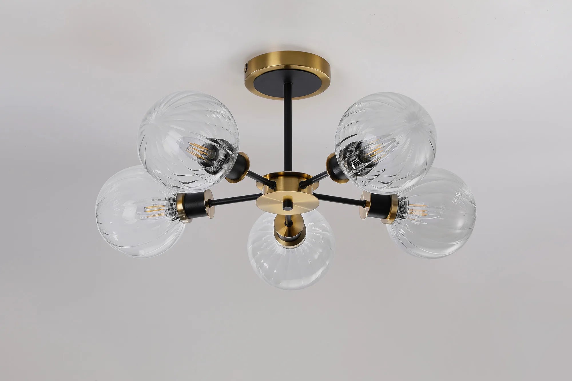 Sycamore Semi Ceiliing 5 Light with 15cm Round Segment Glass Shade - Brass, Clear & Satin Black