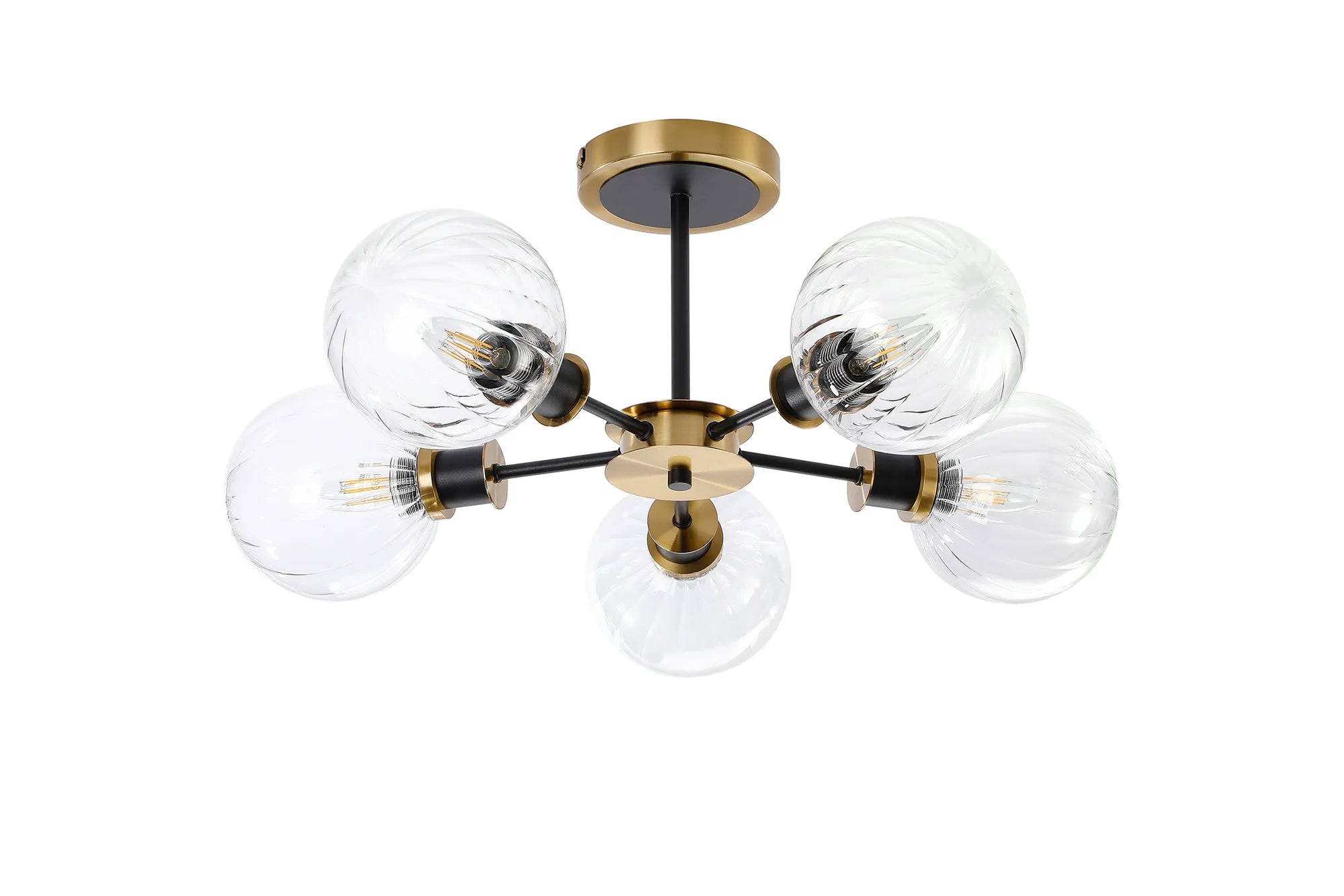 Sycamore Semi Ceiliing 5 Light with 15cm Round Segment Glass Shade - Brass, Clear & Satin Black