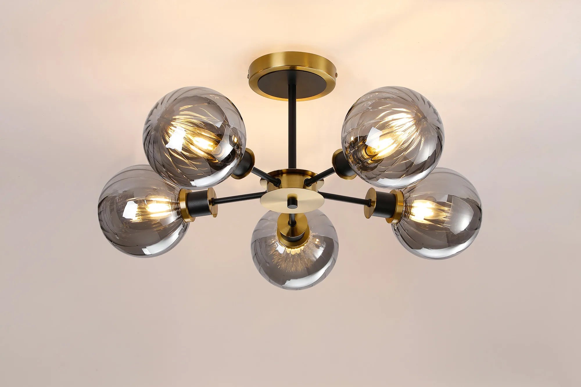 Sycamore Semi Ceiliing 5 Light with 15cm Round Segment Glass Shade - Brass, Smoke Plated & Satin Black