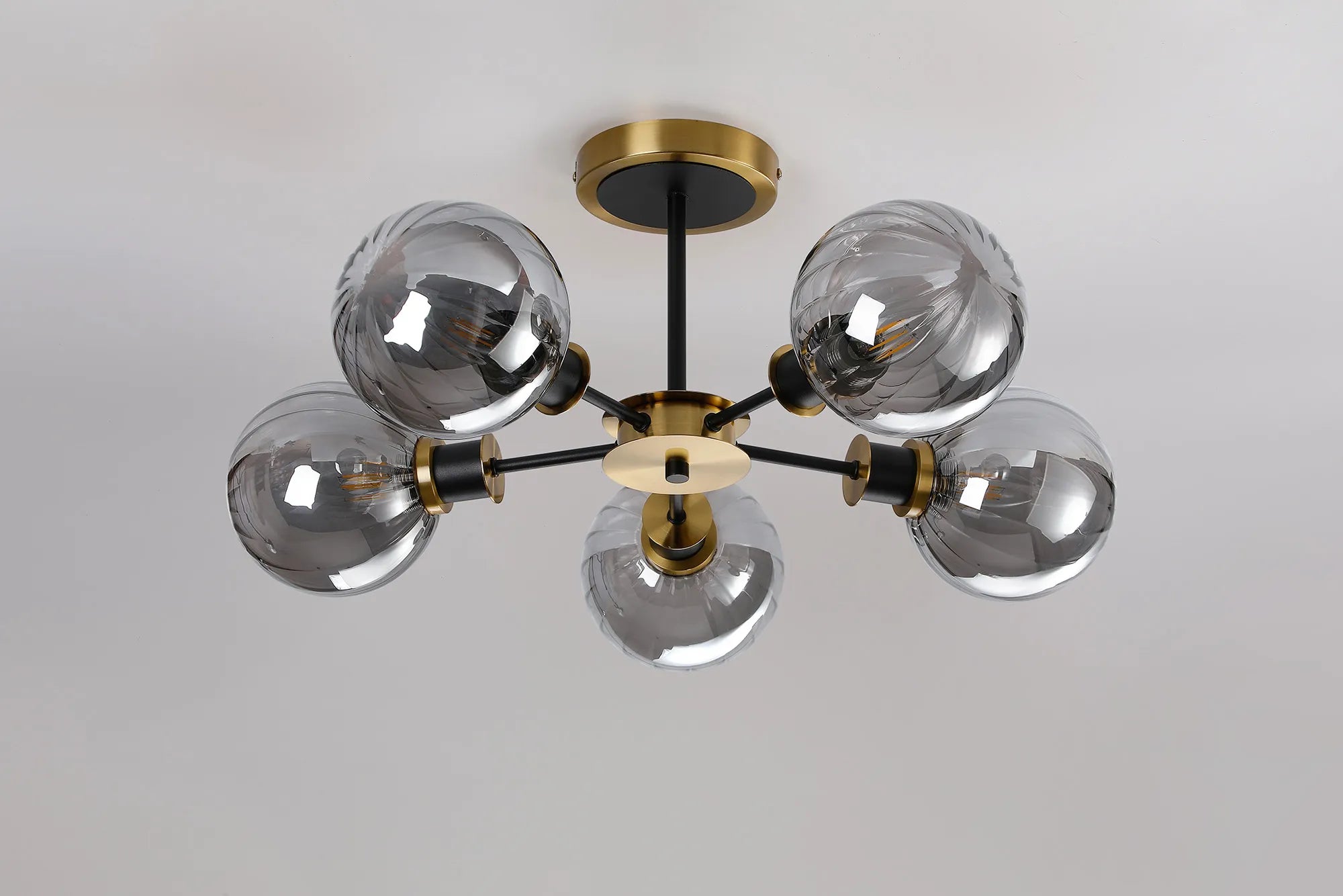 Sycamore Semi Ceiliing 5 Light with 15cm Round Segment Glass Shade - Brass, Smoke Plated & Satin Black