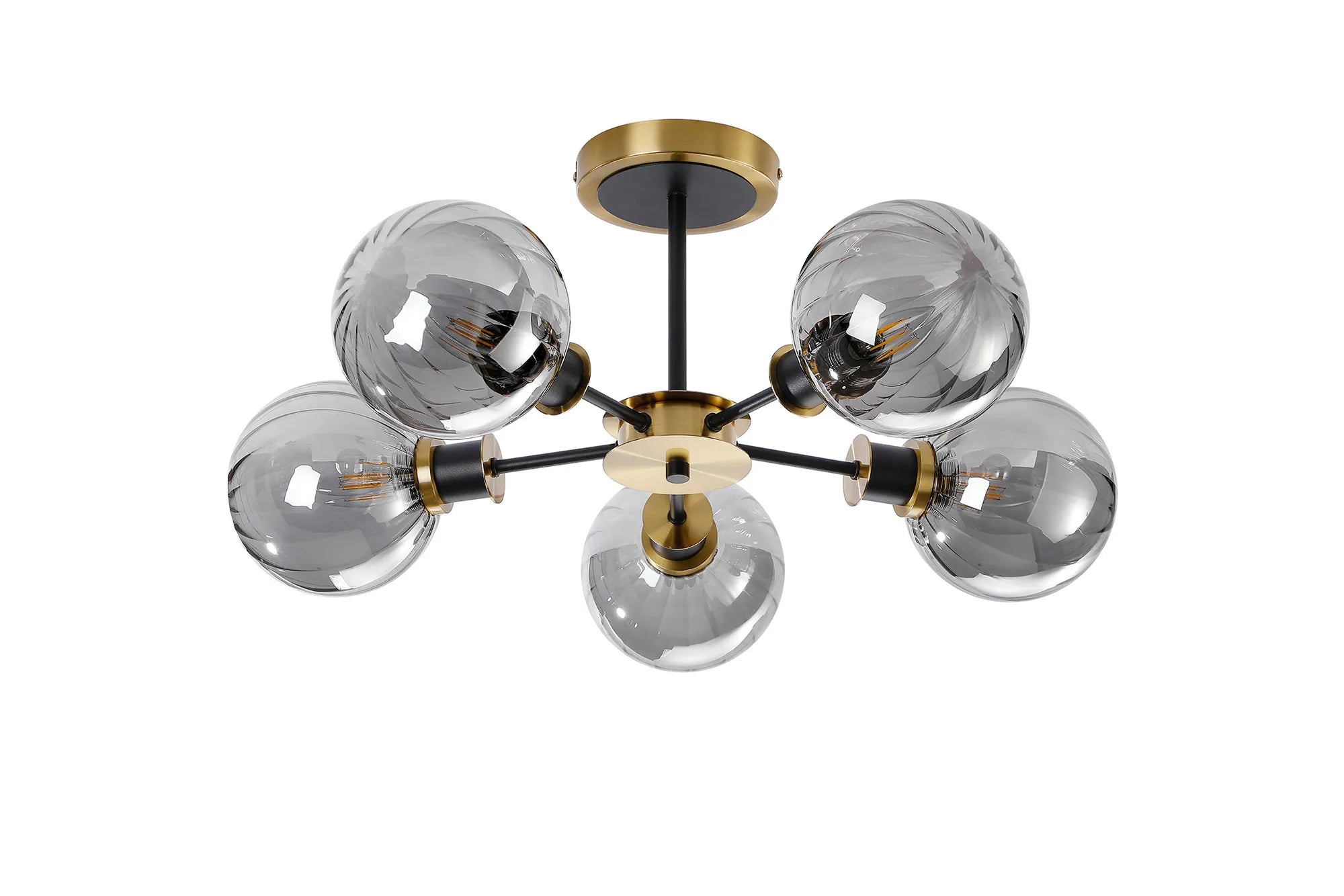 Sycamore Semi Ceiliing 5 Light with 15cm Round Segment Glass Shade - Brass, Smoke Plated & Satin Black