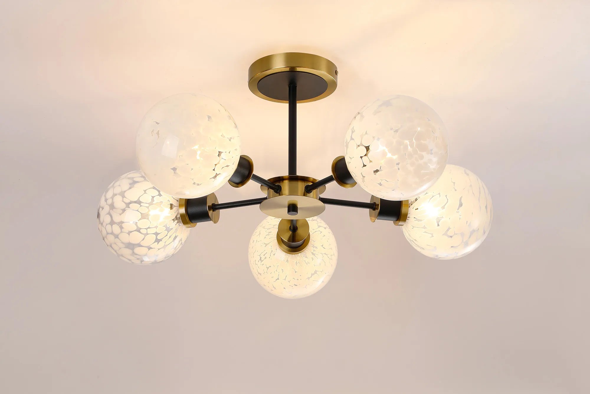 Sycamore Semi Ceiliing 5 Light with 15cm Round Speckled Glass Shade - Brass, White & Satin Black