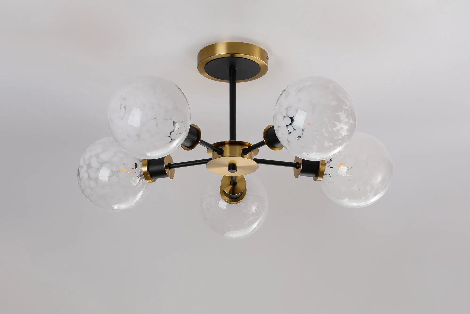 Sycamore Semi Ceiliing 5 Light with 15cm Round Speckled Glass Shade - Brass, White & Satin Black