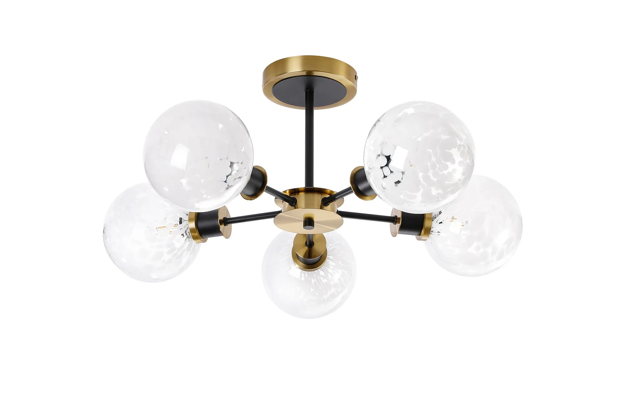Sycamore Semi Ceiliing 5 Light with 15cm Round Speckled Glass Shade - Brass, White & Satin Black