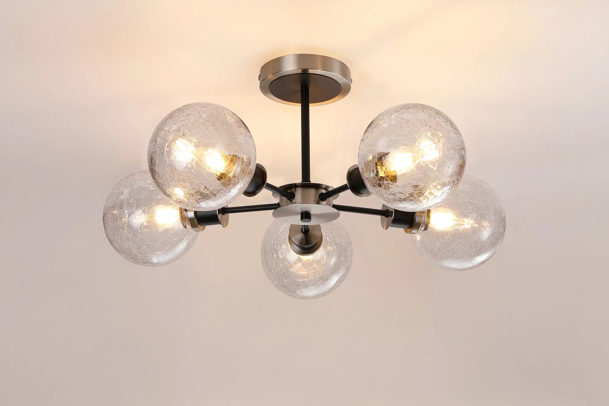 Sycamore Semi Ceiliing 5 Light with 15cm Round Crackled Glass Shade - Satin Nickel, Clear & Satin Black