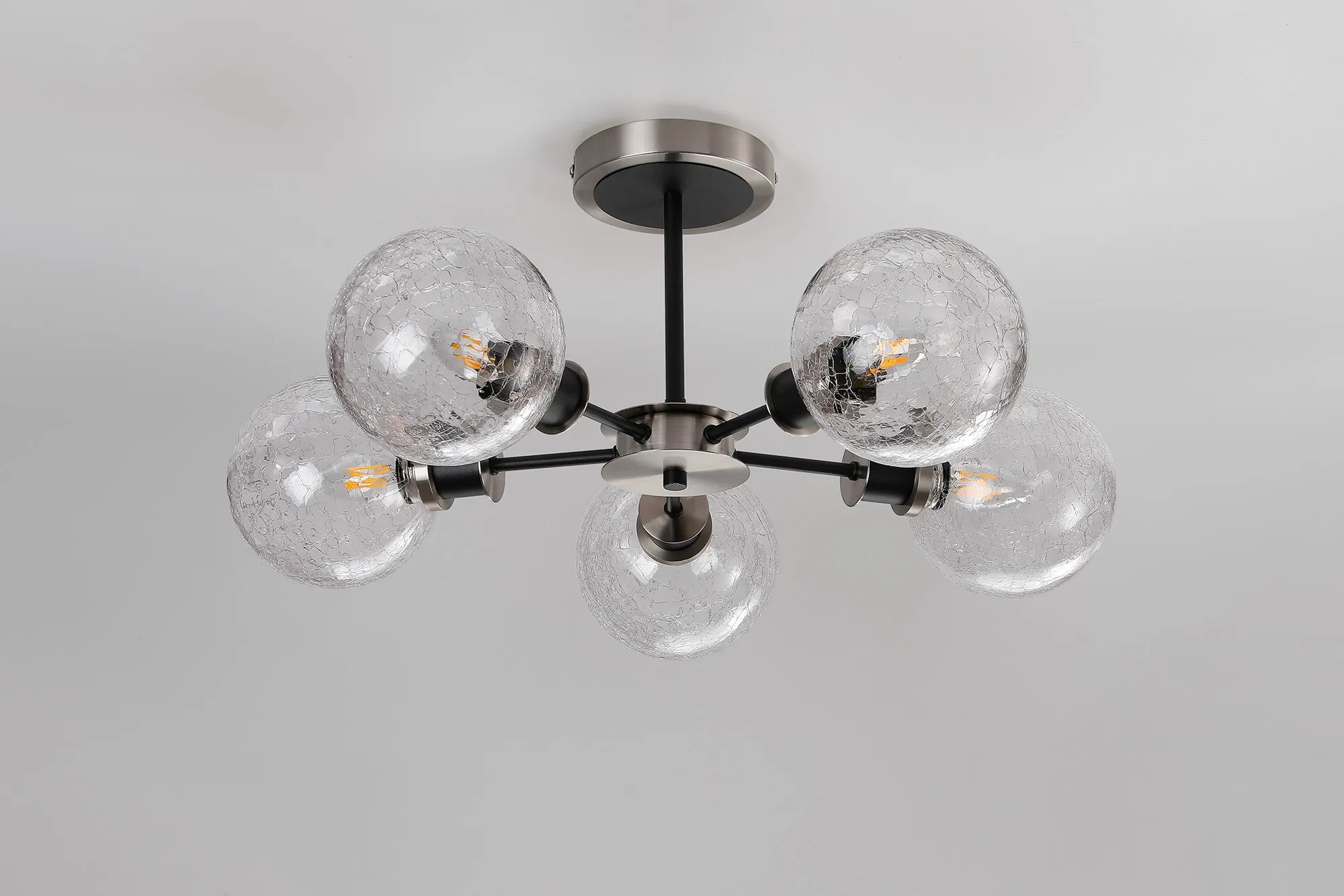 Sycamore Semi Ceiliing 5 Light with 15cm Round Crackled Glass Shade - Satin Nickel, Clear & Satin Black
