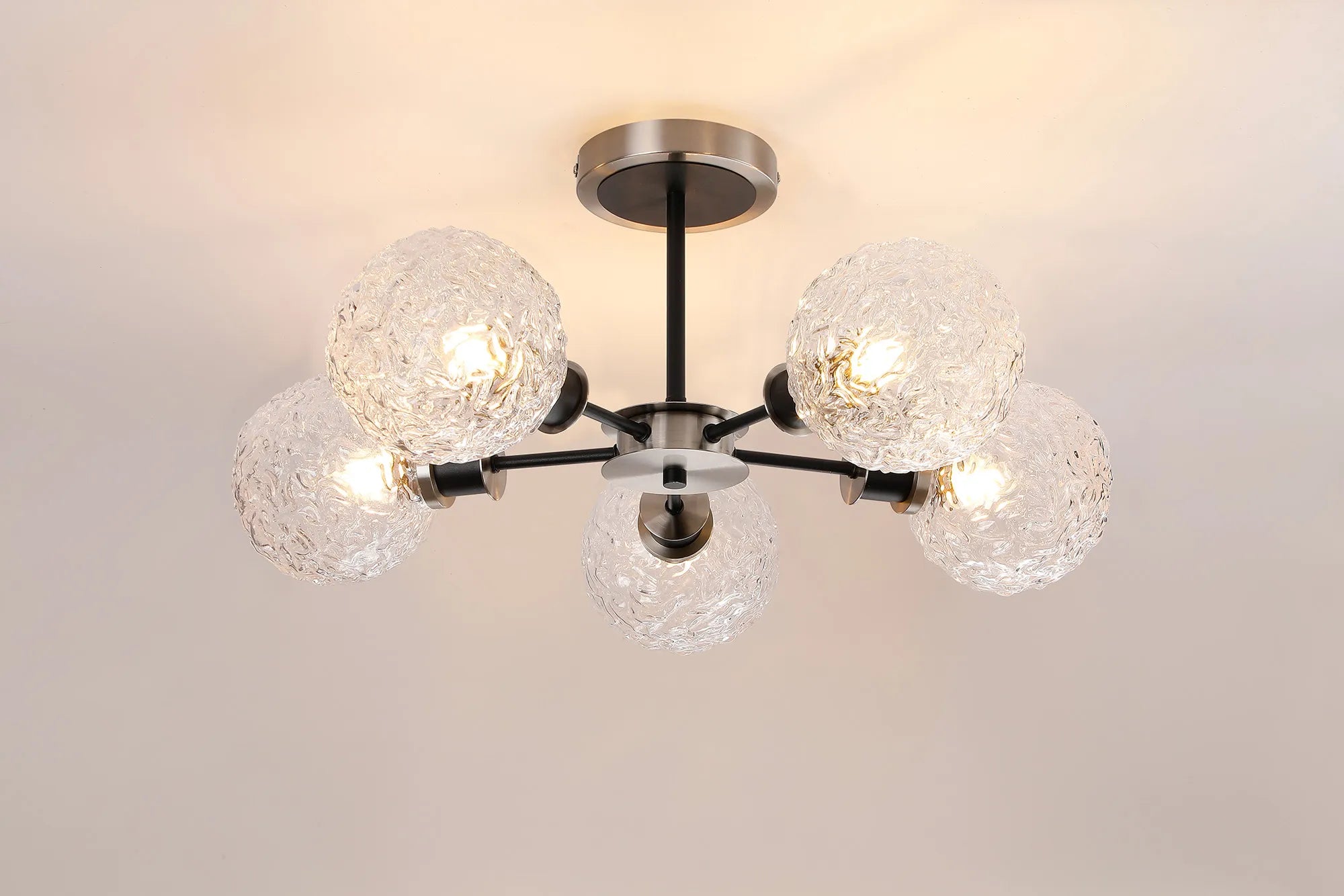 Sycamore Semi Ceiliing 5 Light with 15cm Round Textured Crumple Glass Shade - Satin Nickel, Clear & Satin Black