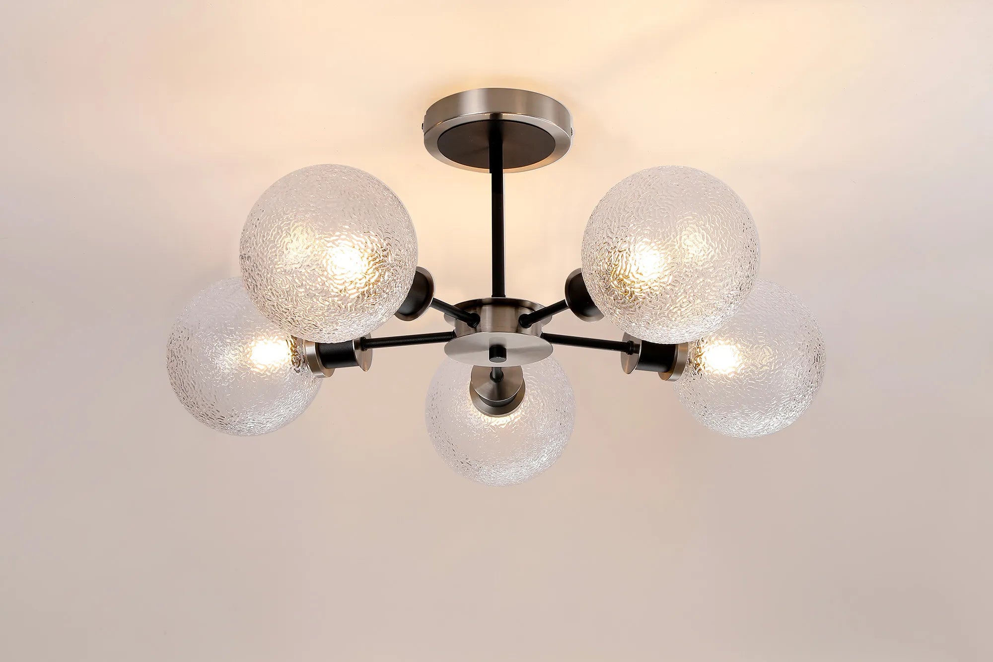 Sycamore Semi Ceiliing 5 Light with 15cm Round Dimpled Glass Shade - Satin Nickel, Clear & Satin Black