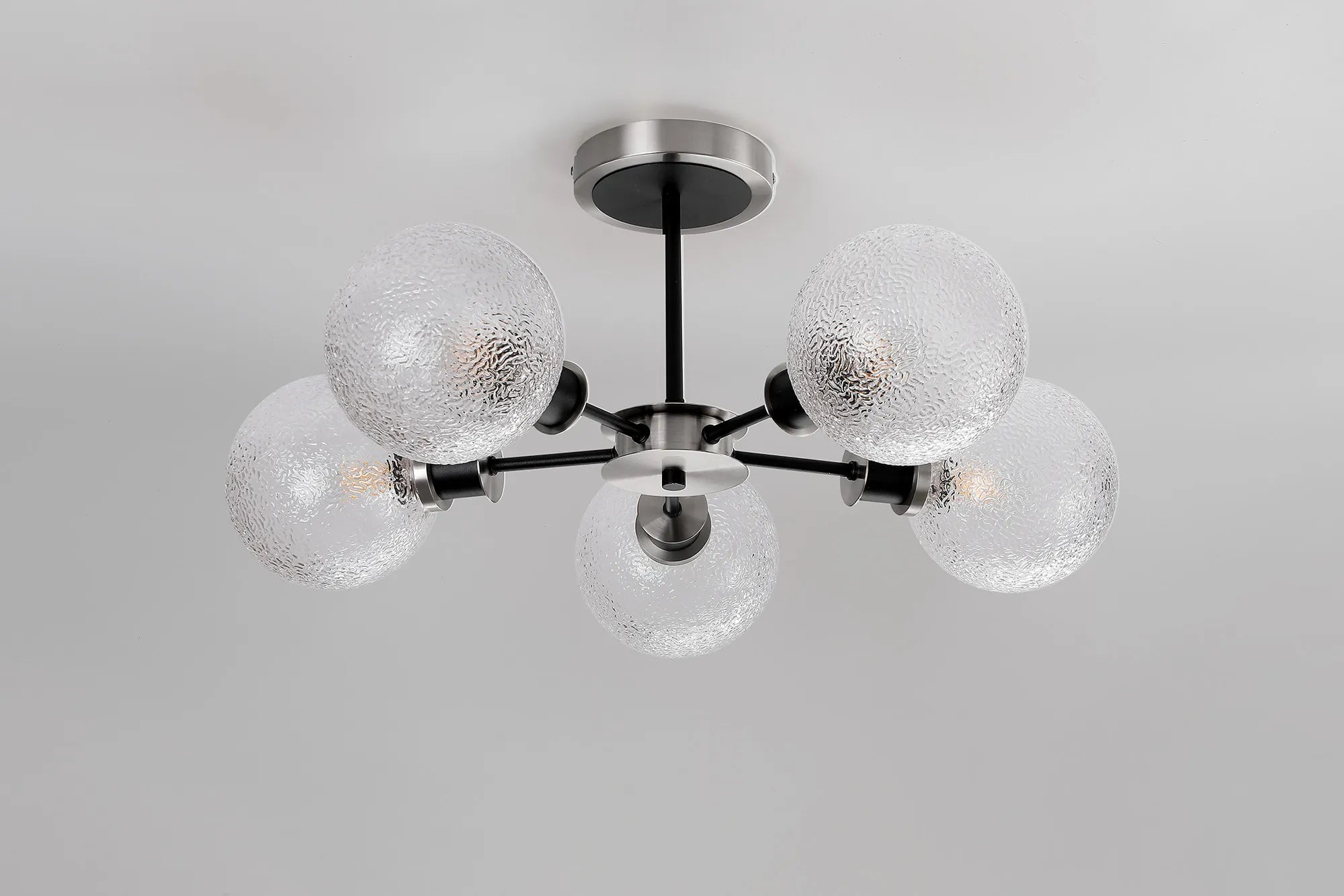 Sycamore Semi Ceiliing 5 Light with 15cm Round Dimpled Glass Shade - Satin Nickel, Clear & Satin Black