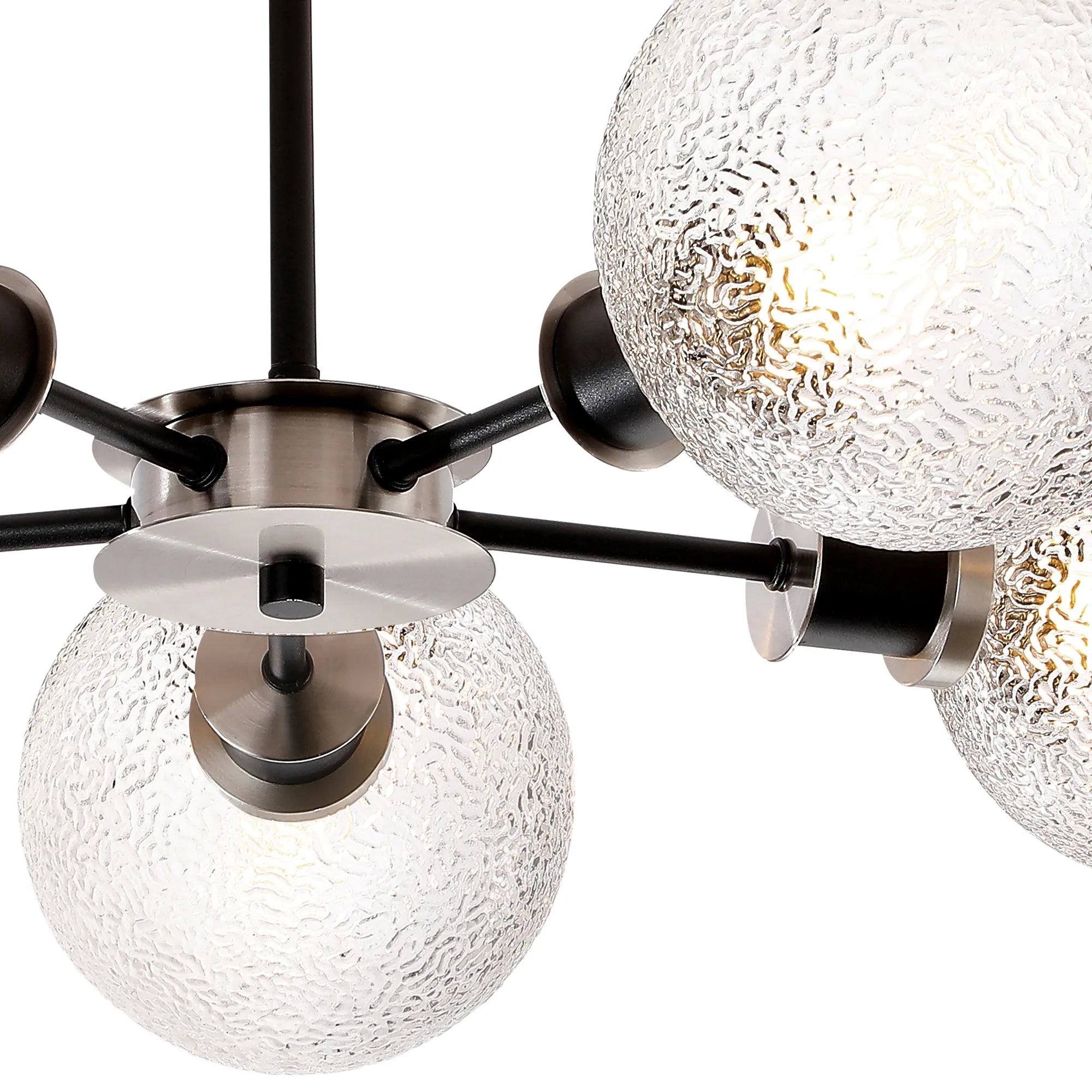 Sycamore Semi Ceiliing 5 Light with 15cm Round Dimpled Glass Shade - Satin Nickel, Clear & Satin Black