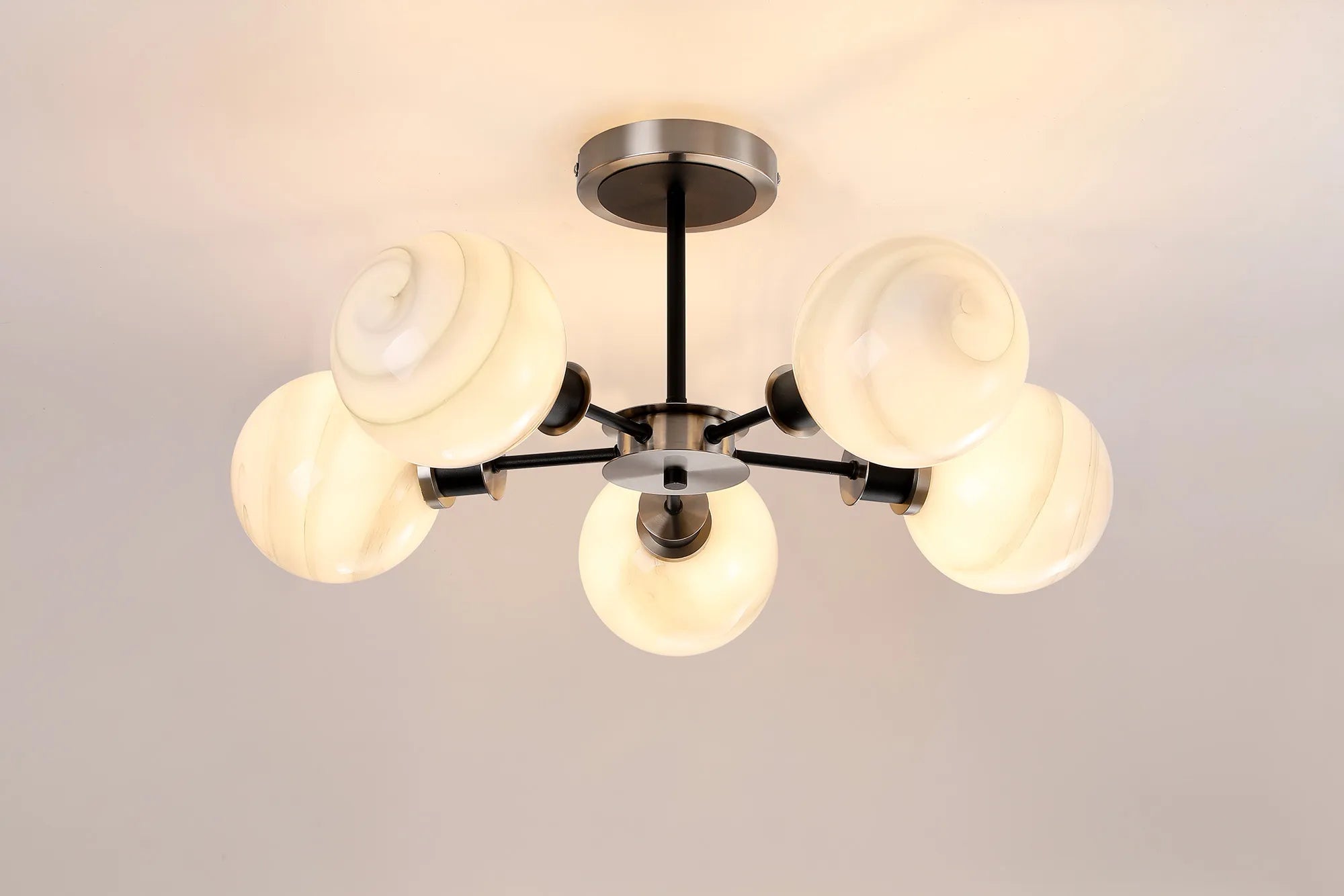 Sycamore Semi Ceiliing 5 Light with 15cm Round Marble Effect Glass Shade - Satin Nickel, White & Satin Black