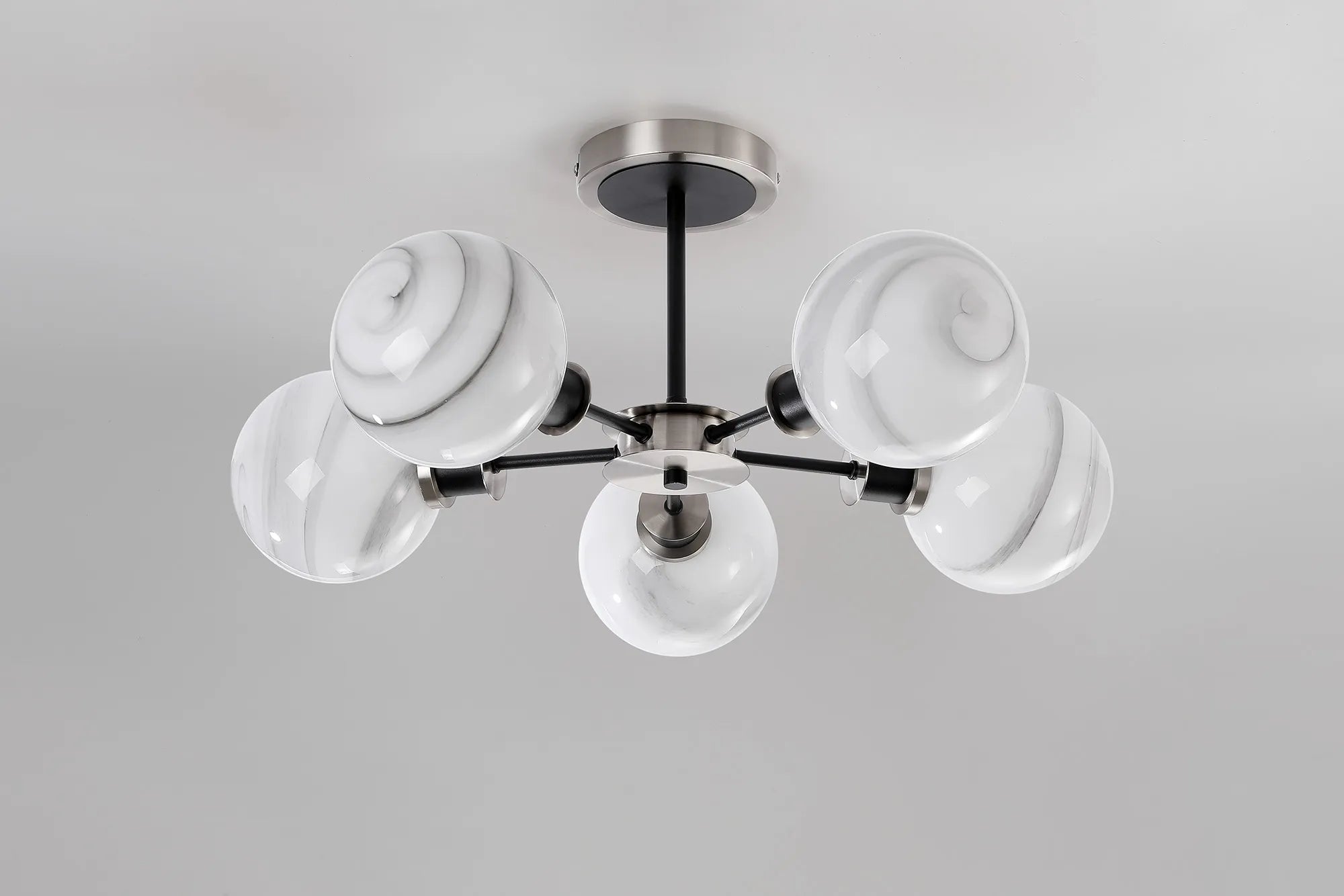 Sycamore Semi Ceiliing 5 Light with 15cm Round Marble Effect Glass Shade - Satin Nickel, White & Satin Black