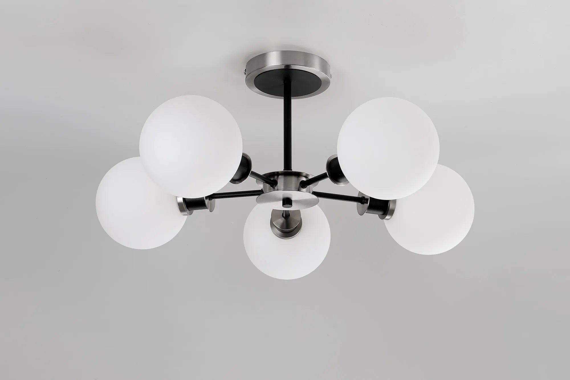 Sycamore Semi Ceiliing 5 Light with 15cm Round Glass Shade - Satin Nickel, Opal & Satin Black
