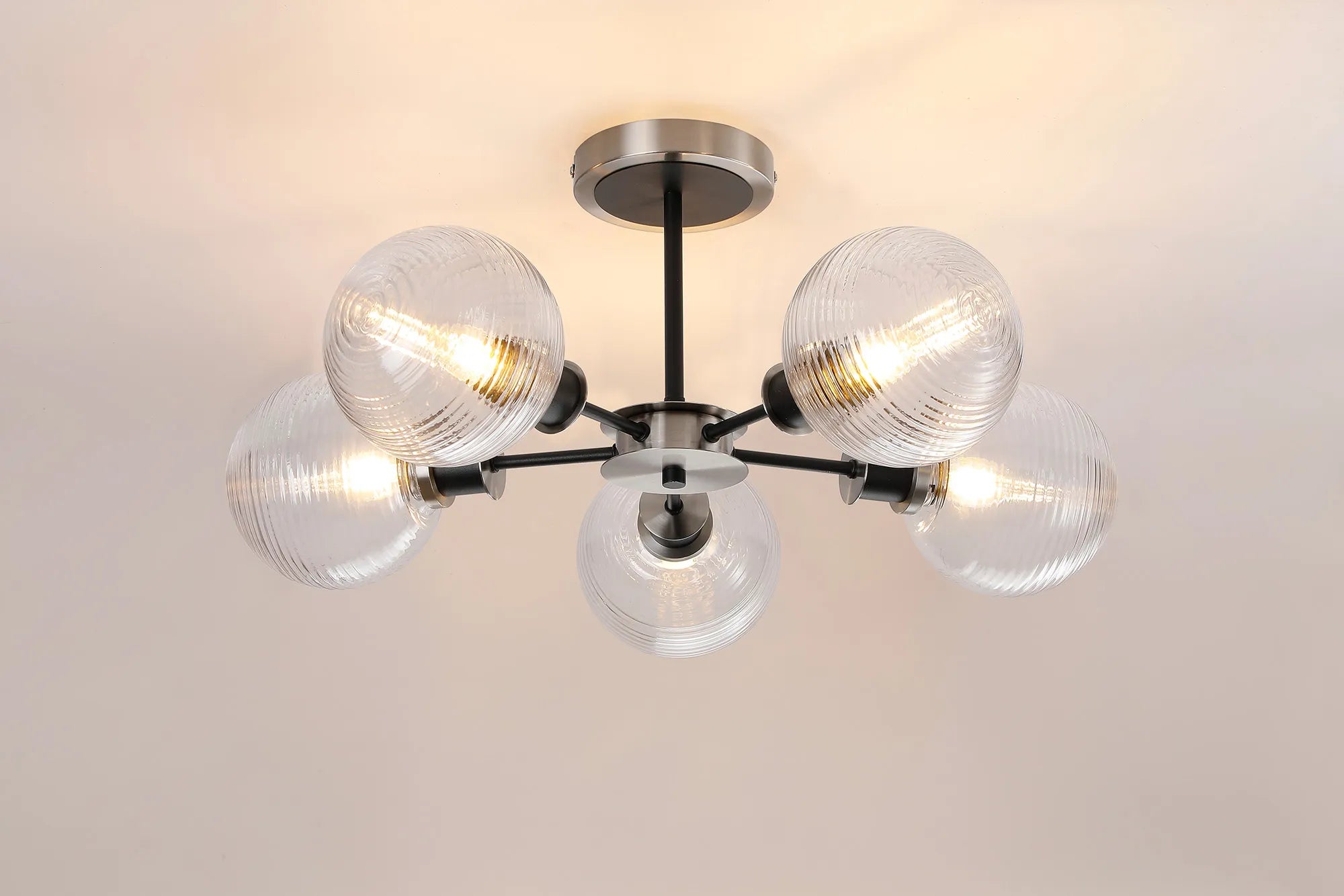 Sycamore Semi Ceiliing 5 Light with 15cm Round Ribbed Glass Shade - Satin Nickel, Clear & Satin Black