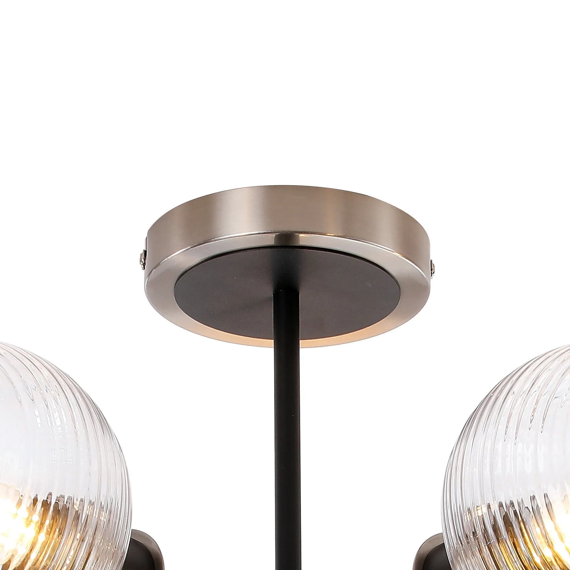 Sycamore Semi Ceiliing 5 Light with 15cm Round Ribbed Glass Shade - Satin Nickel, Clear & Satin Black