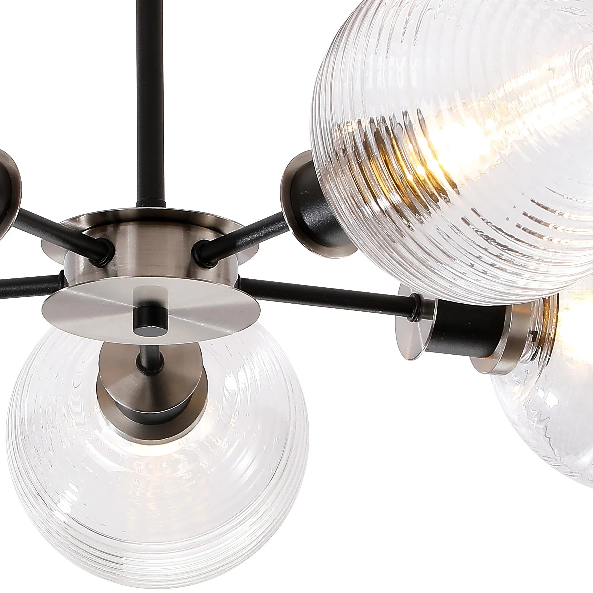 Sycamore Semi Ceiliing 5 Light with 15cm Round Ribbed Glass Shade - Satin Nickel, Clear & Satin Black