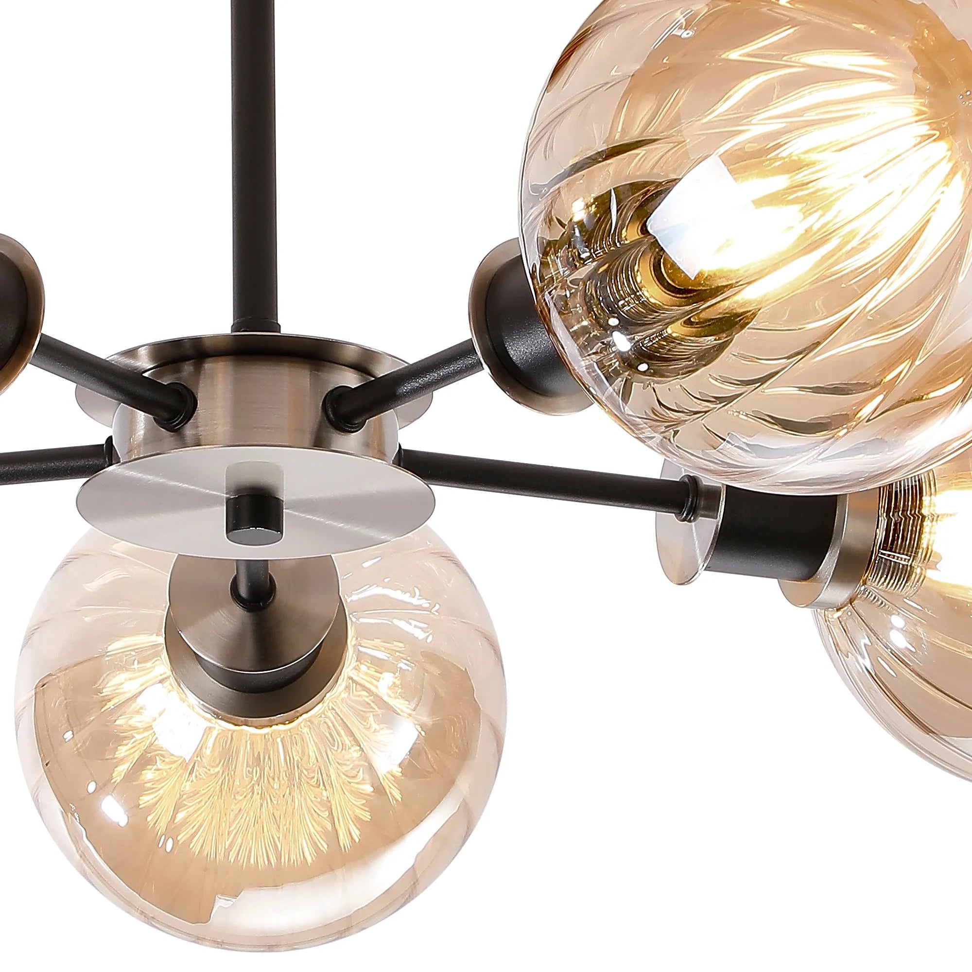 Sycamore Semi Ceiliing 5 Light with 15cm Round Segment Glass Shade - Satin Nickel, Amber Plated & Satin Black