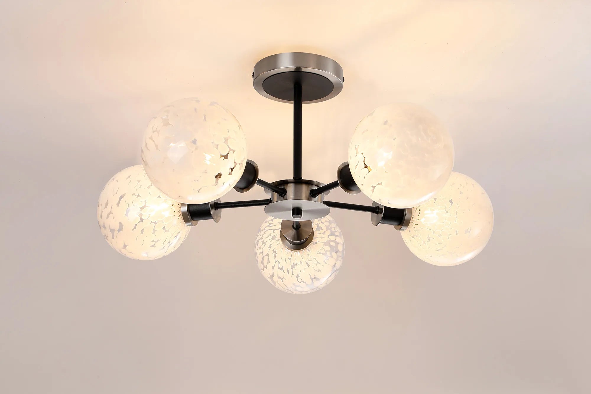 Sycamore Semi Ceiliing 5 Light with 15cm Round Speckled Glass Shade - Satin Nickel, White & Satin Black