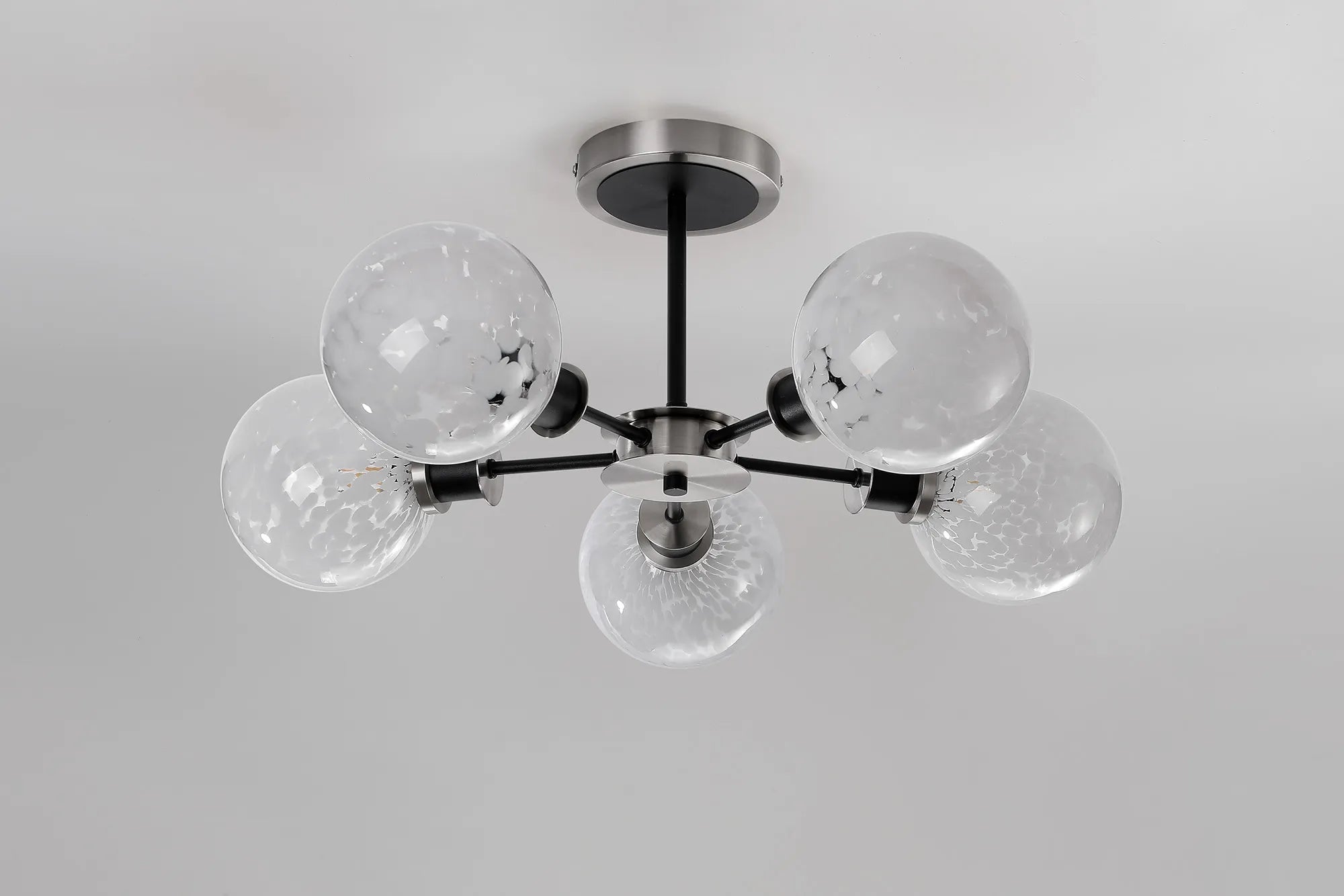 Sycamore Semi Ceiliing 5 Light with 15cm Round Speckled Glass Shade - Satin Nickel, White & Satin Black