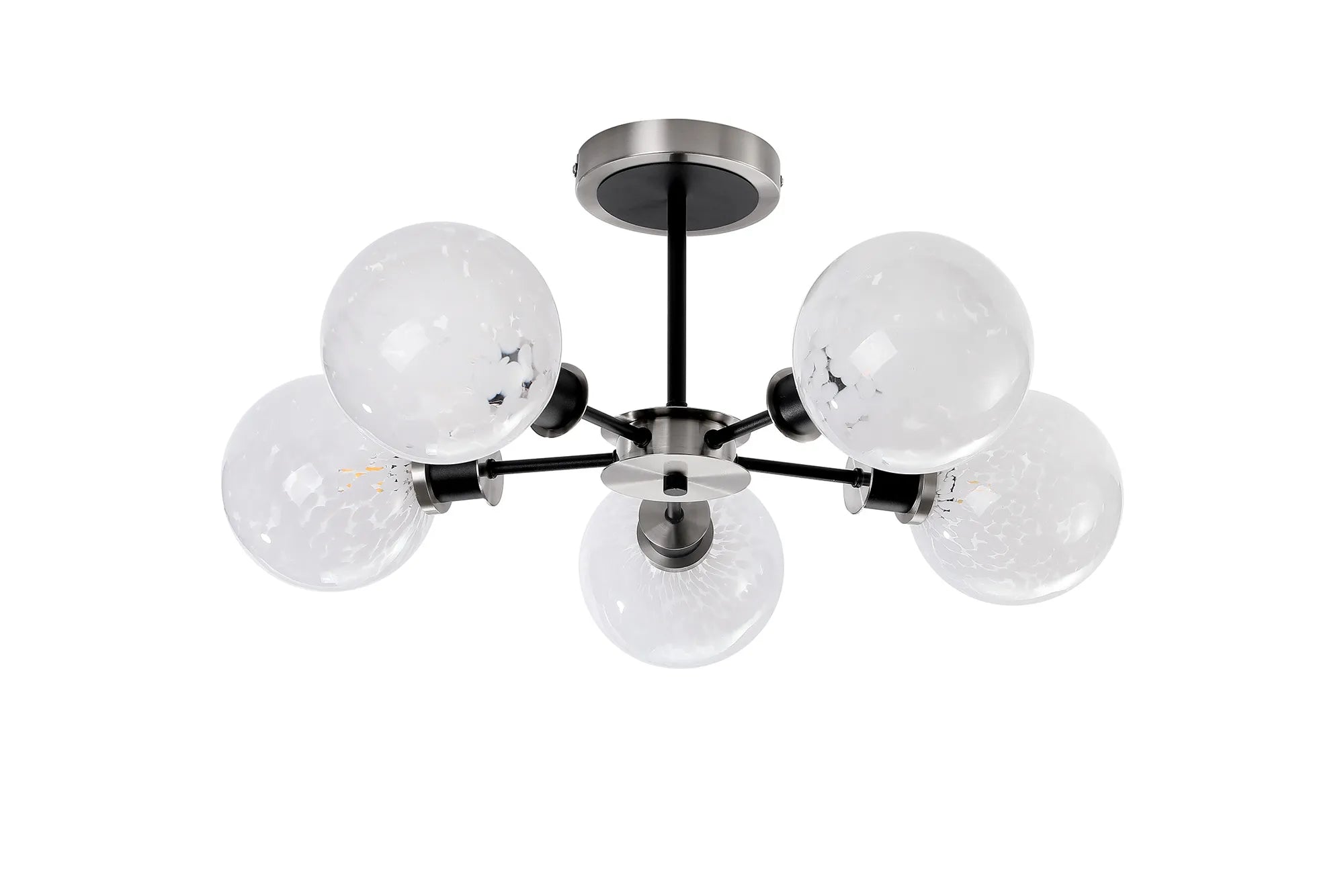 Sycamore Semi Ceiliing 5 Light with 15cm Round Speckled Glass Shade - Satin Nickel, White & Satin Black