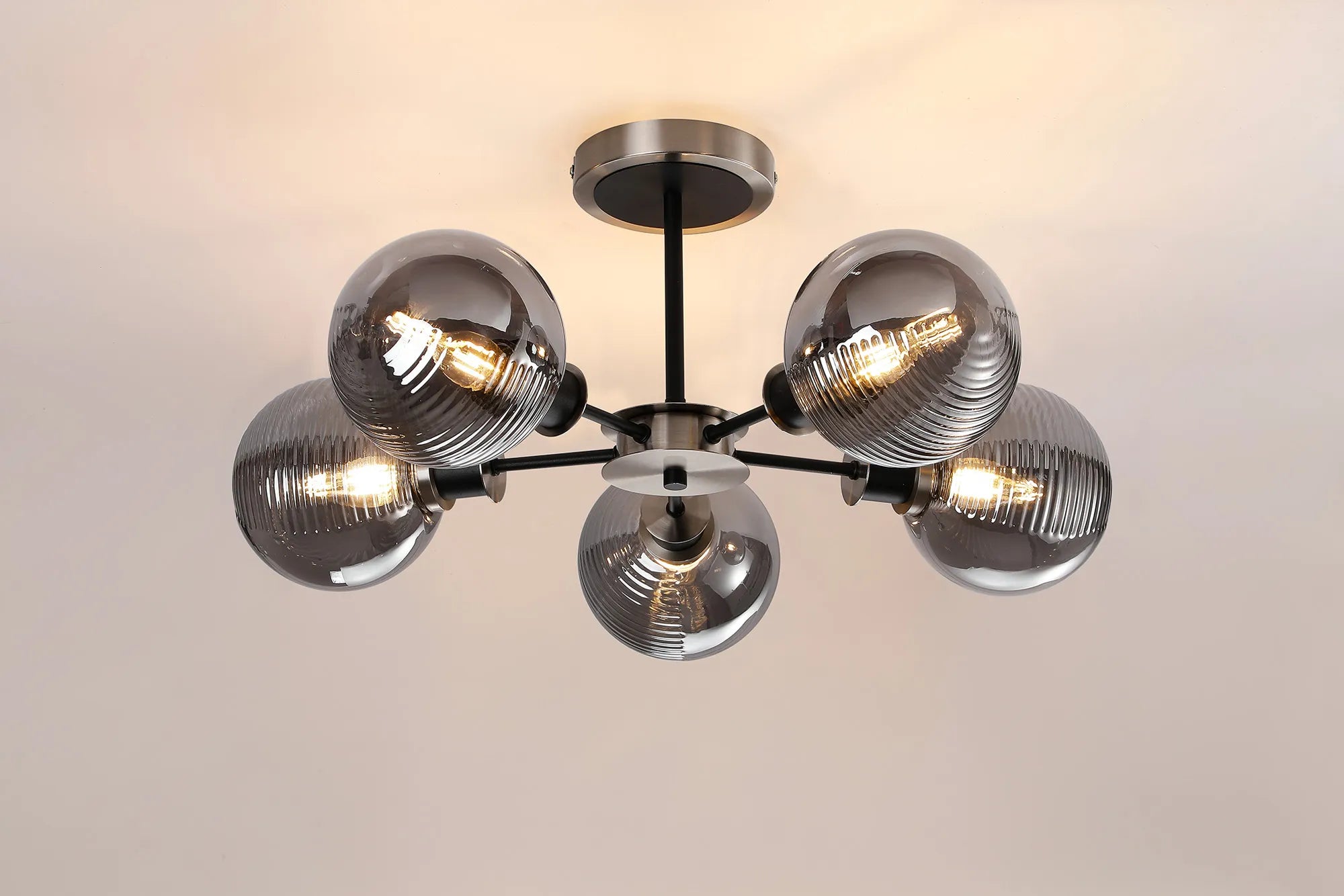 Sycamore Semi Ceiliing 5 Light with 15cm Round Double Textured Smooth & Ribbed Glass Shade - Satin Nickel, Smoke Plated & Satin Black