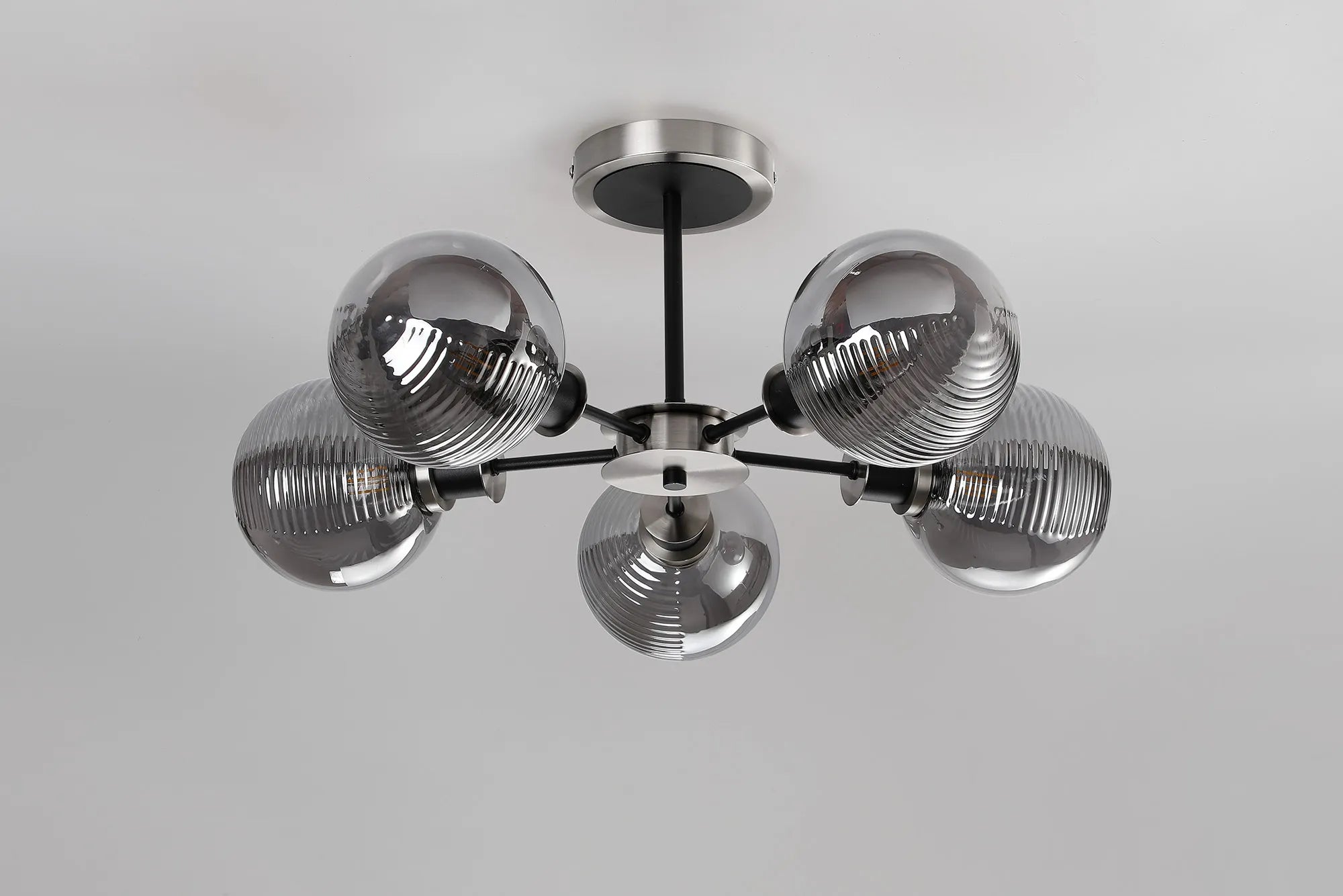 Sycamore Semi Ceiliing 5 Light with 15cm Round Double Textured Smooth & Ribbed Glass Shade - Satin Nickel, Smoke Plated & Satin Black