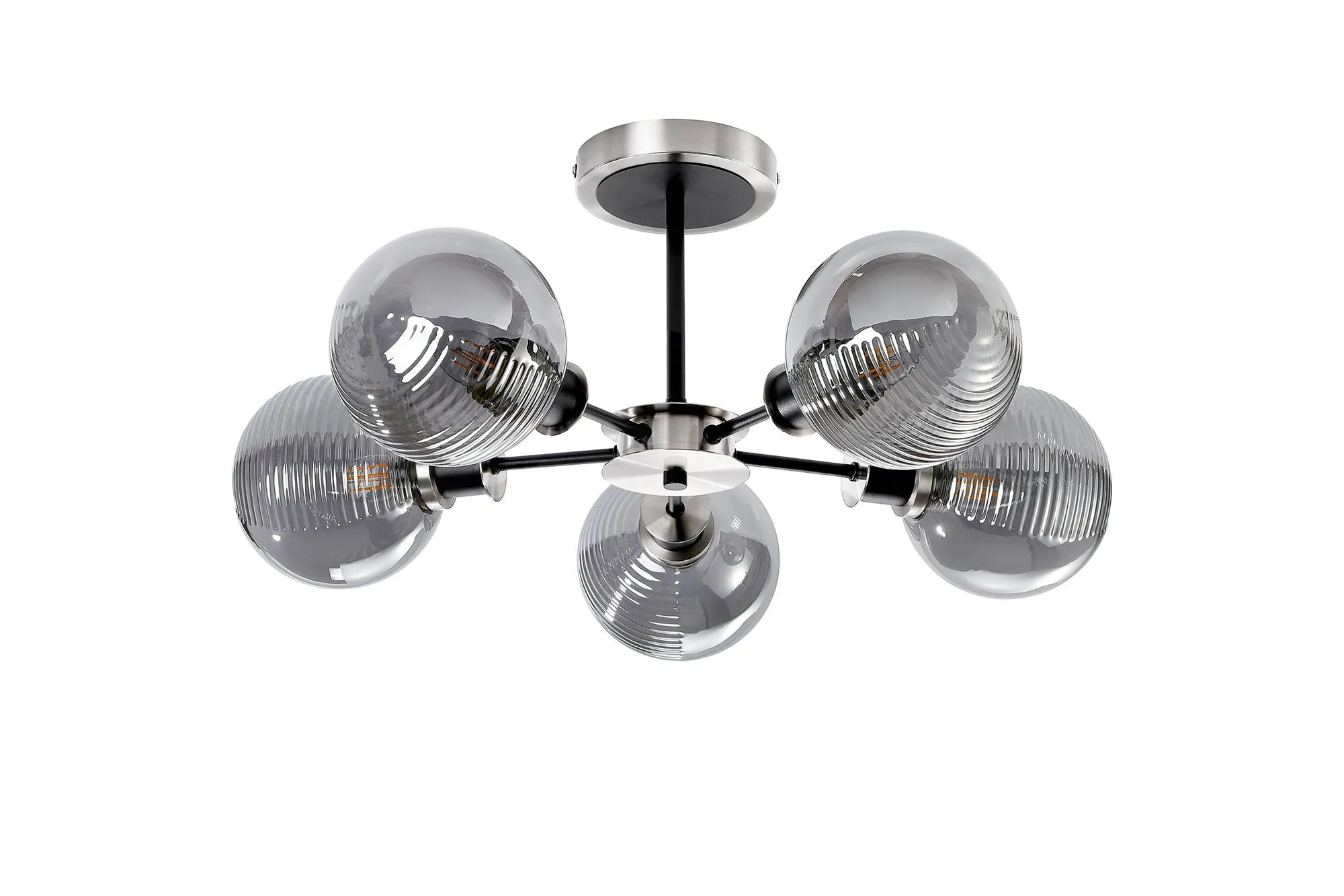 Sycamore Semi Ceiliing 5 Light with 15cm Round Double Textured Smooth & Ribbed Glass Shade - Satin Nickel, Smoke Plated & Satin Black