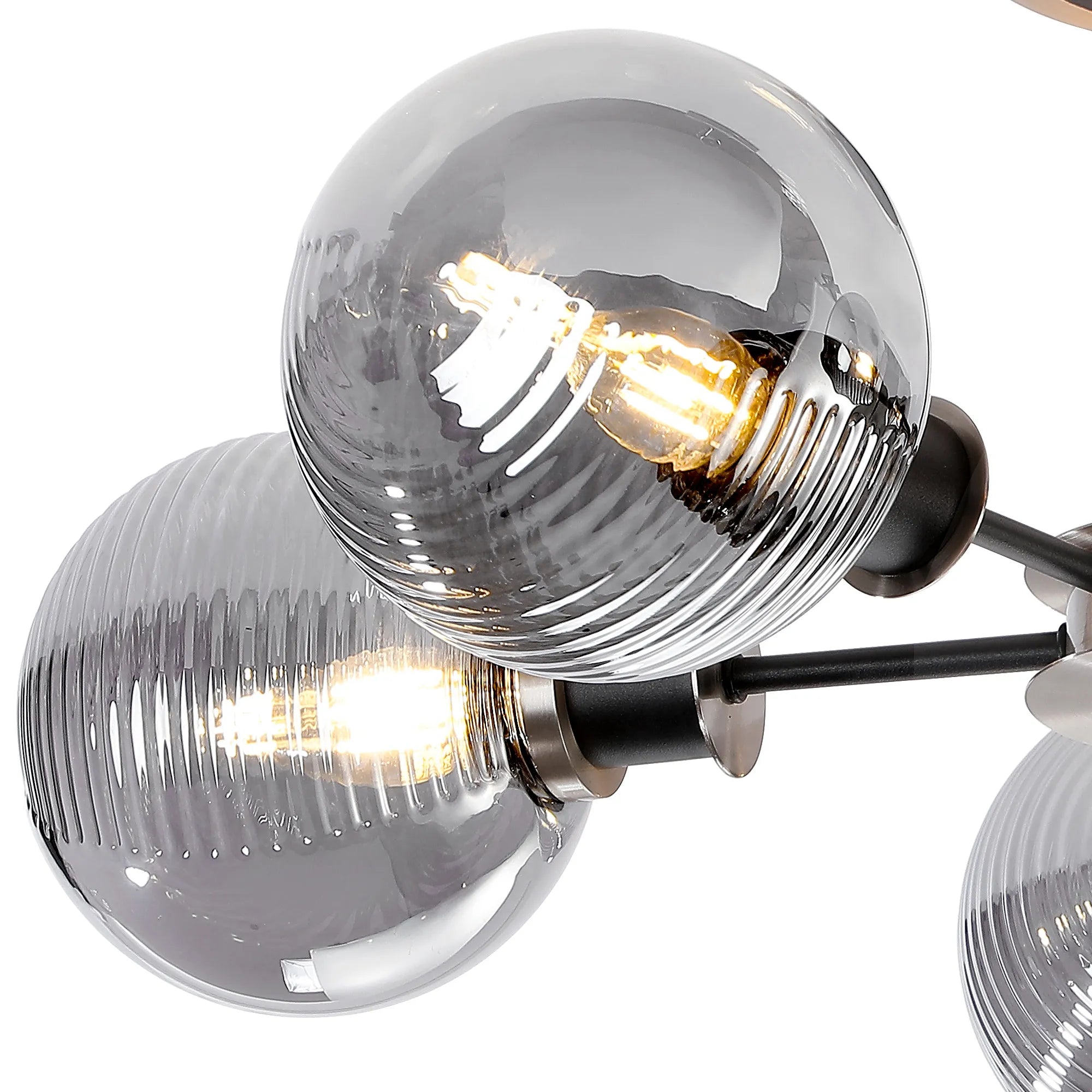 Sycamore Semi Ceiliing 5 Light with 15cm Round Double Textured Smooth & Ribbed Glass Shade - Satin Nickel, Smoke Plated & Satin Black