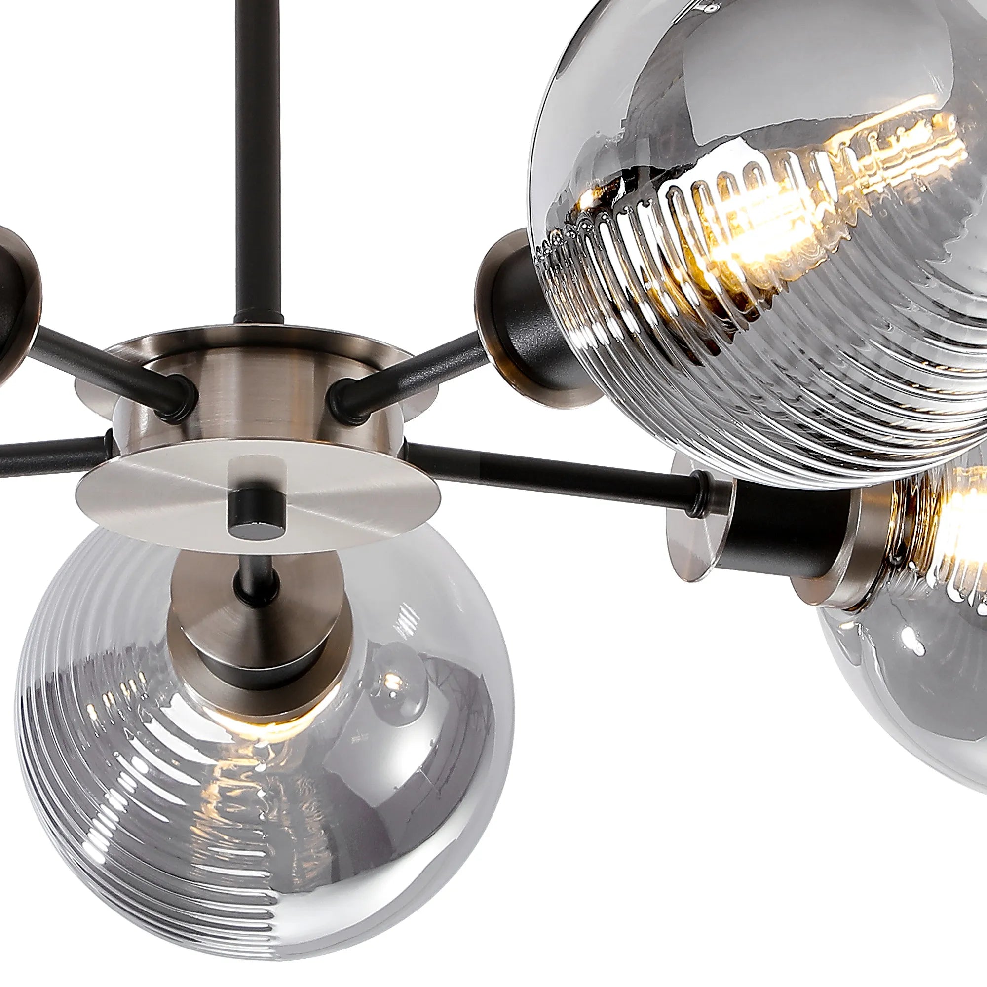 Sycamore Semi Ceiliing 5 Light with 15cm Round Double Textured Smooth & Ribbed Glass Shade - Satin Nickel, Smoke Plated & Satin Black