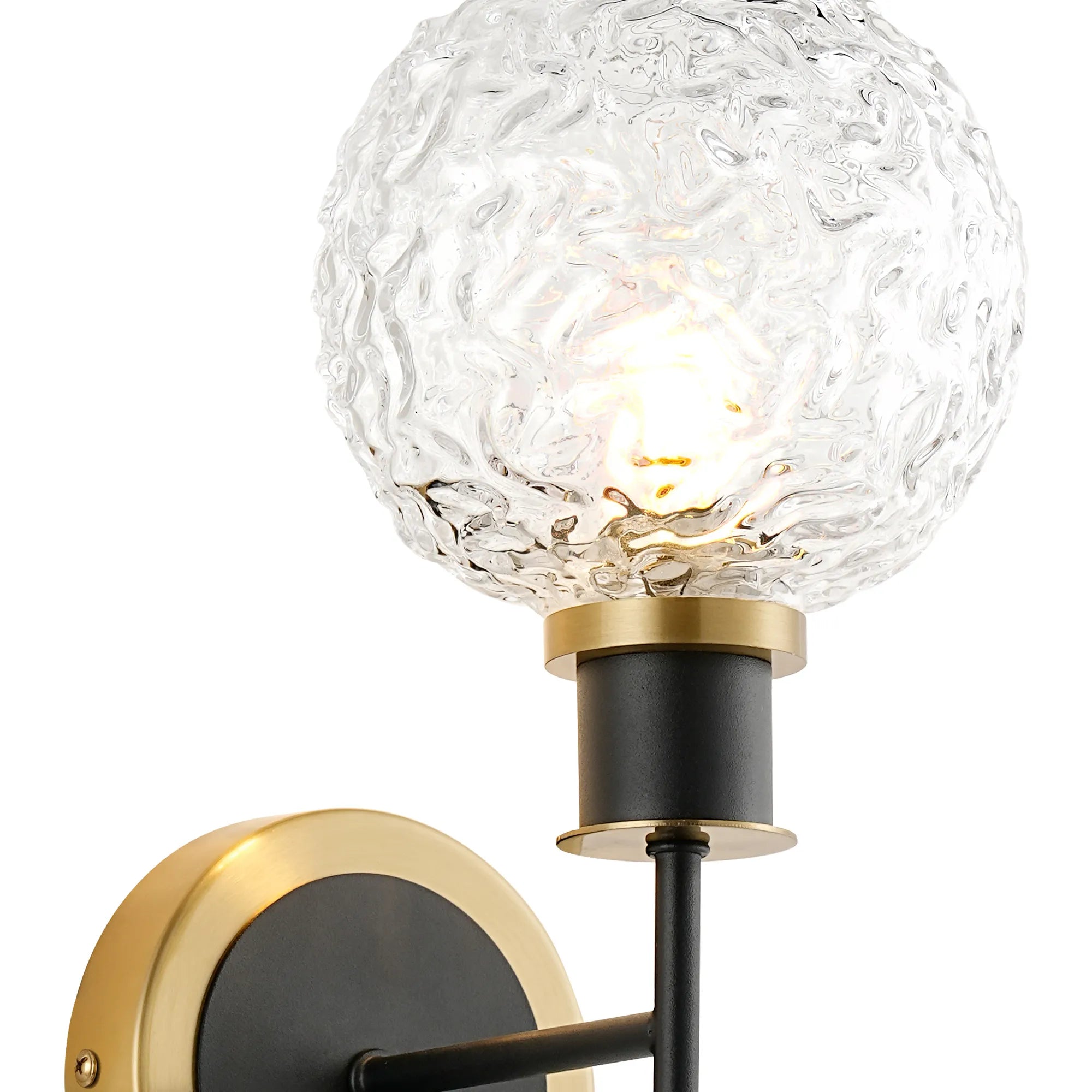Sycamore Switched Wall Light with 15cm Round Textured Crumple Glass Shade - Brass, Clear & Satin Black