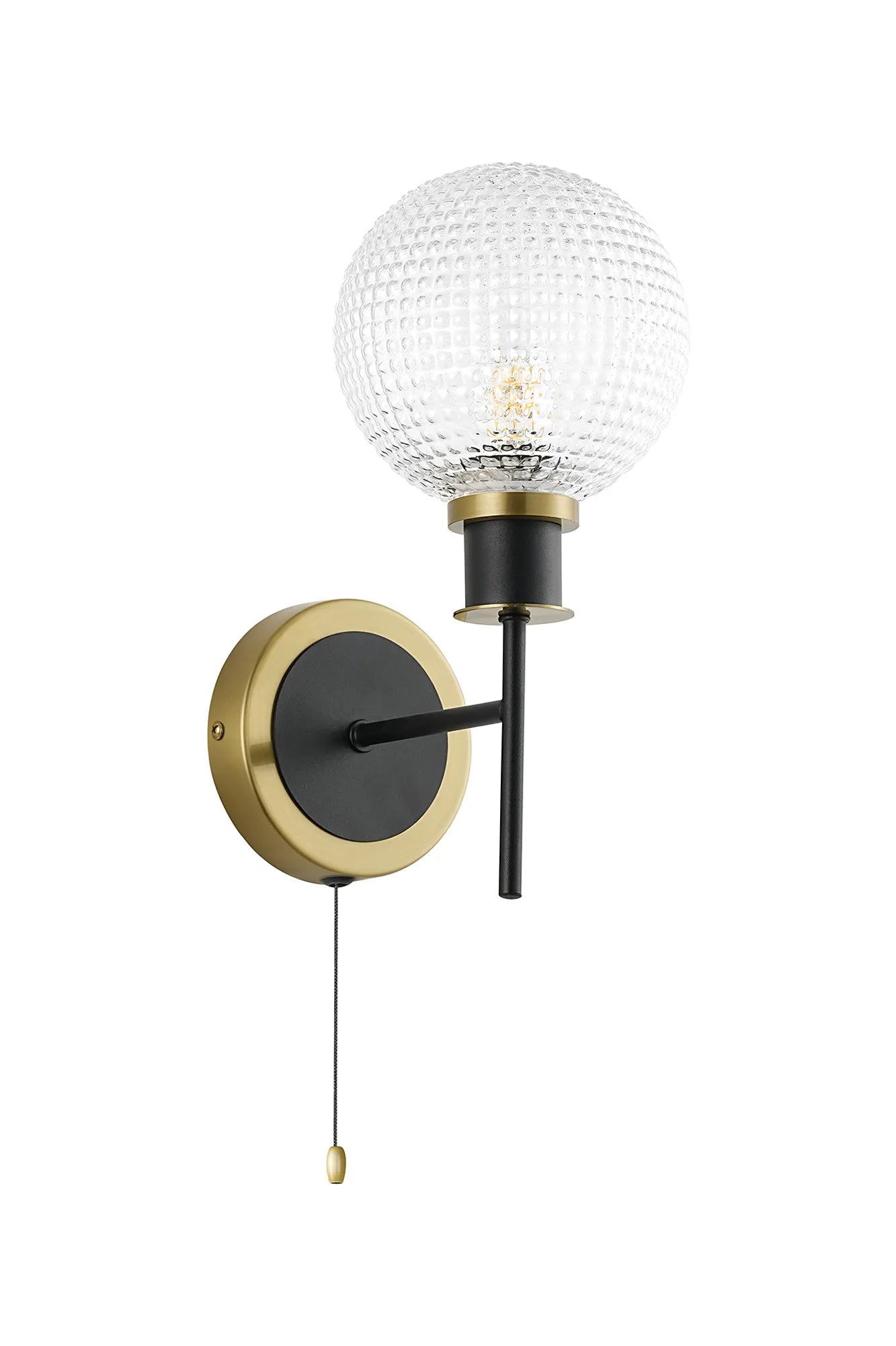 Sycamore Switched Wall Light with 15cm Round Textured Diamond Pattern Glass Shade - Brass, Clear & Satin Black