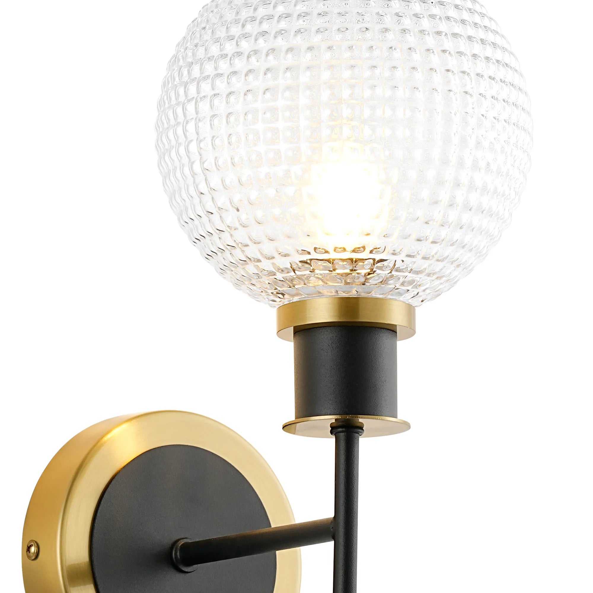 Sycamore Switched Wall Light with 15cm Round Textured Diamond Pattern Glass Shade - Brass, Clear & Satin Black