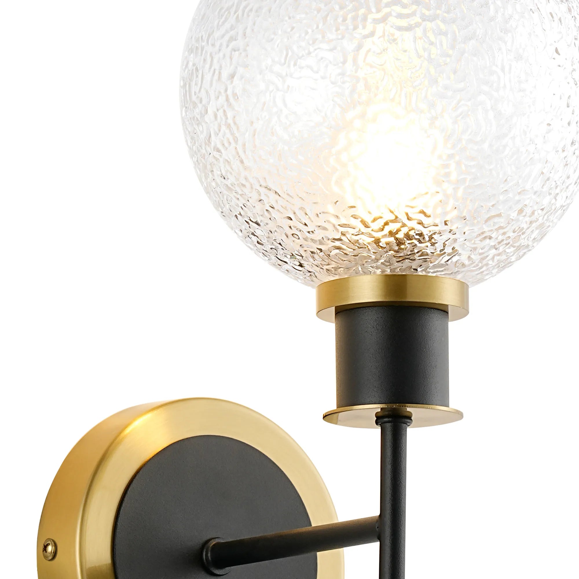 Sycamore Switched Wall Light with 15cm Round Dimpled Glass Shade - Brass, Clear & Satin Black