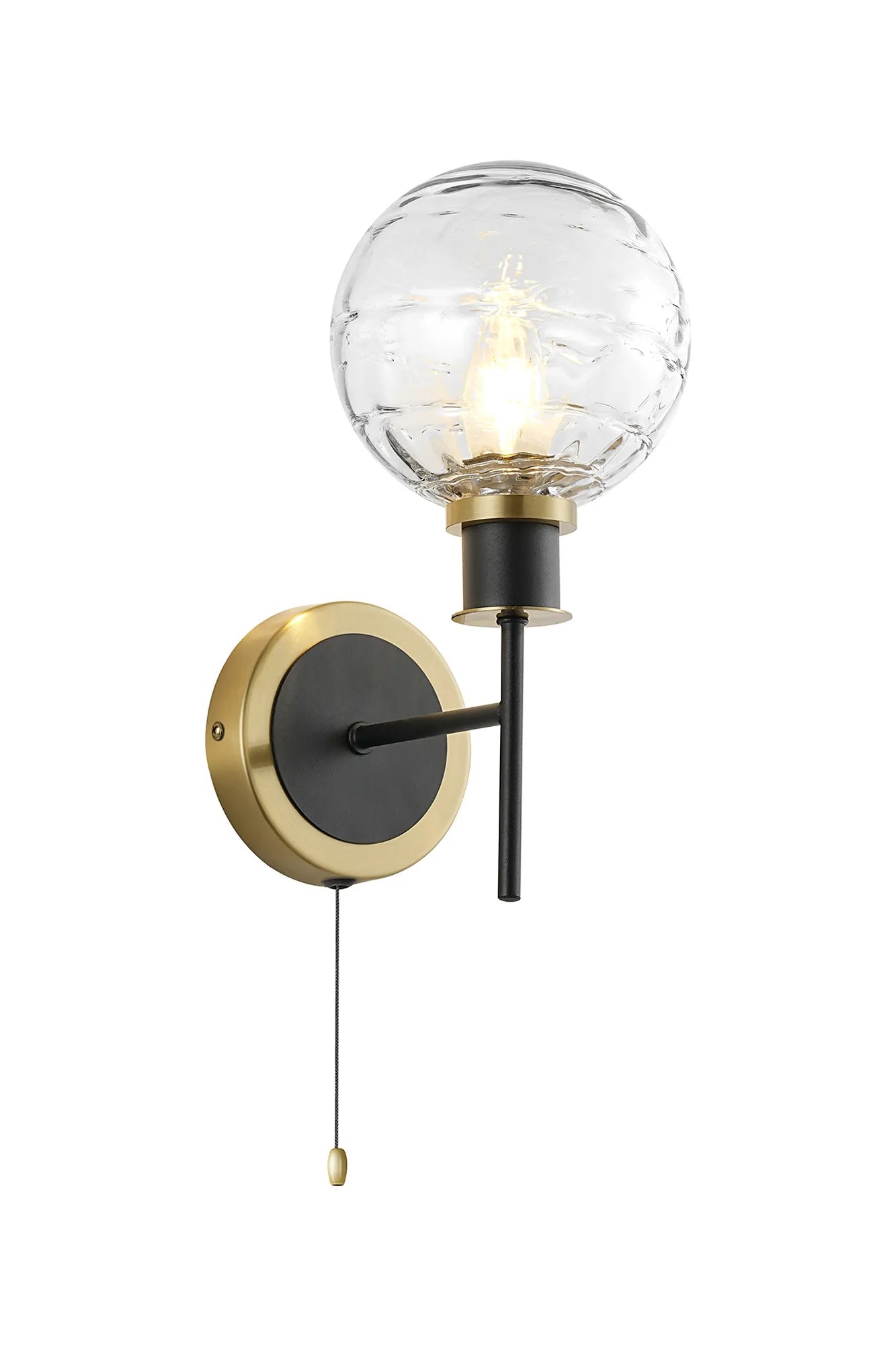 Sycamore Switched Wall Light with 15cm Round Textured Melting Glass Shade - Brass, Clear & Satin Black