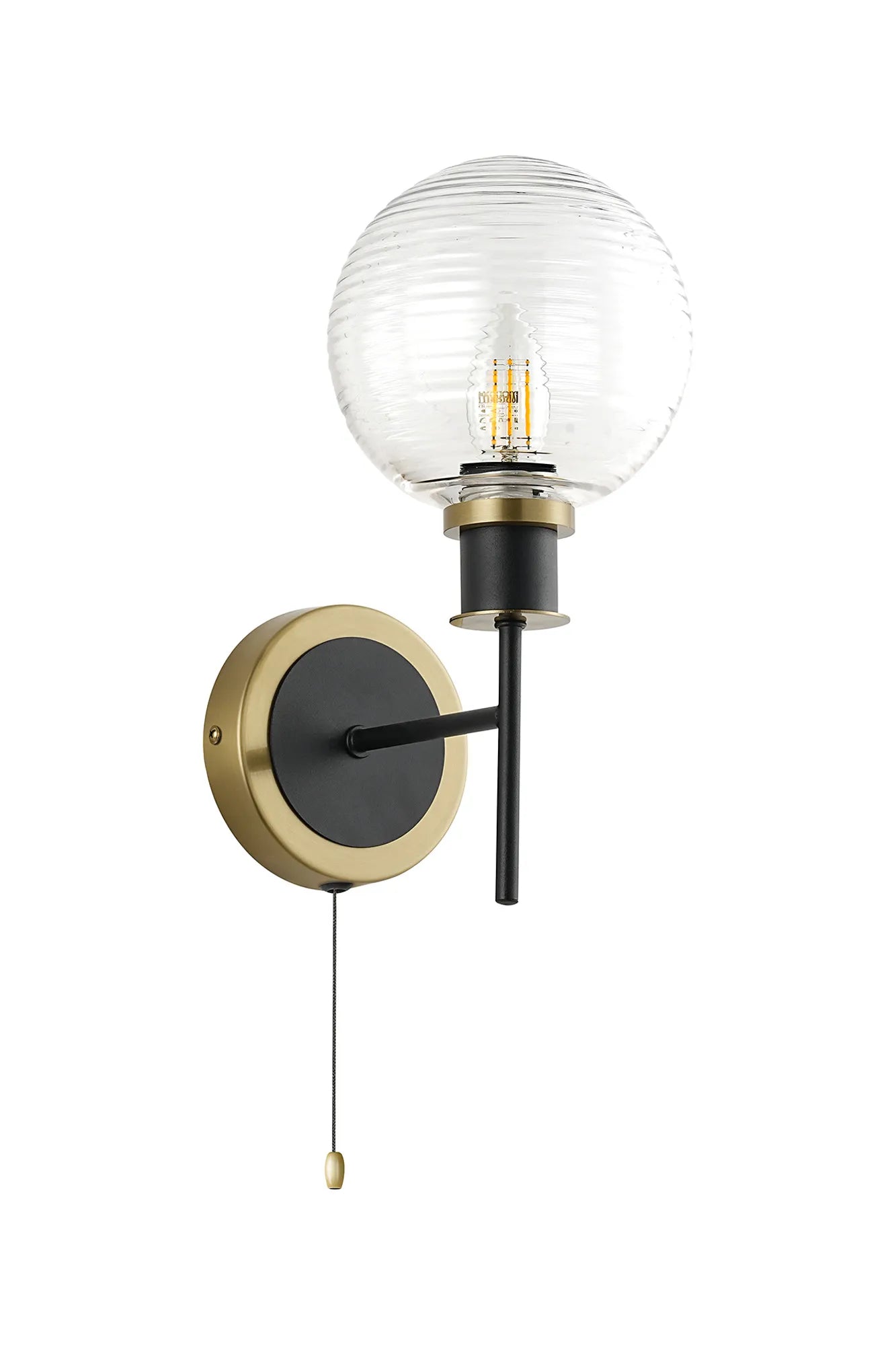 Sycamore Switched Wall Light with 15cm Round Ribbed Glass Shade - Brass, Clear & Satin Black