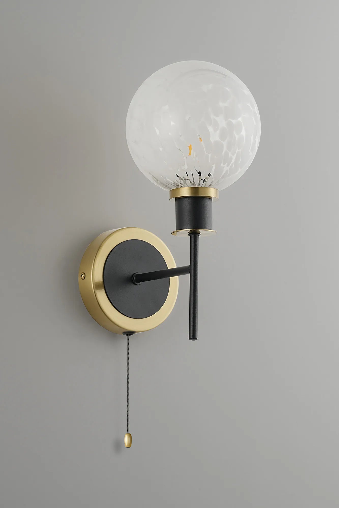 Sycamore Switched Wall Light with 15cm Round Speckled Glass Shade - Brass, White & Satin Black