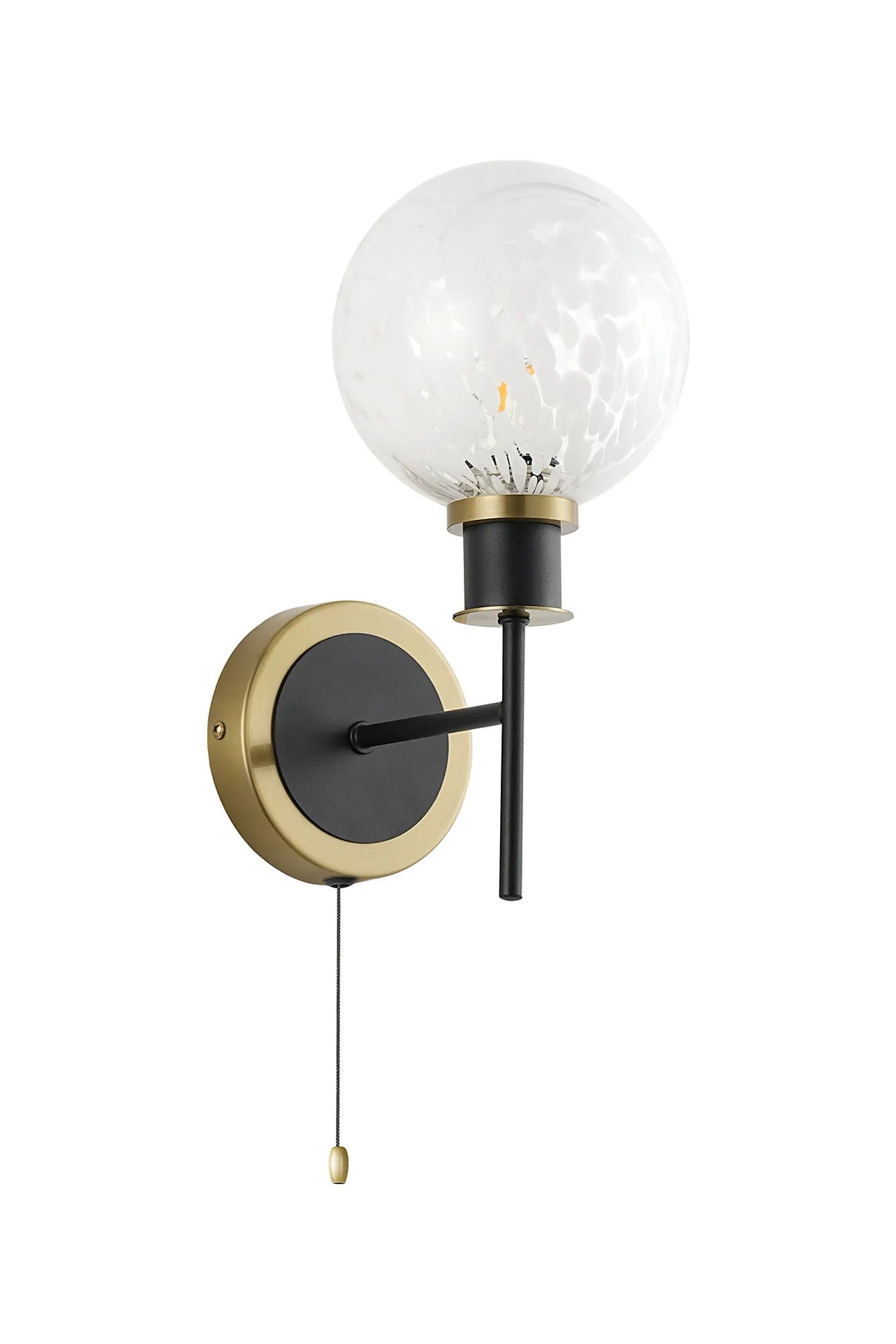 Sycamore Switched Wall Light with 15cm Round Speckled Glass Shade - Brass, White & Satin Black