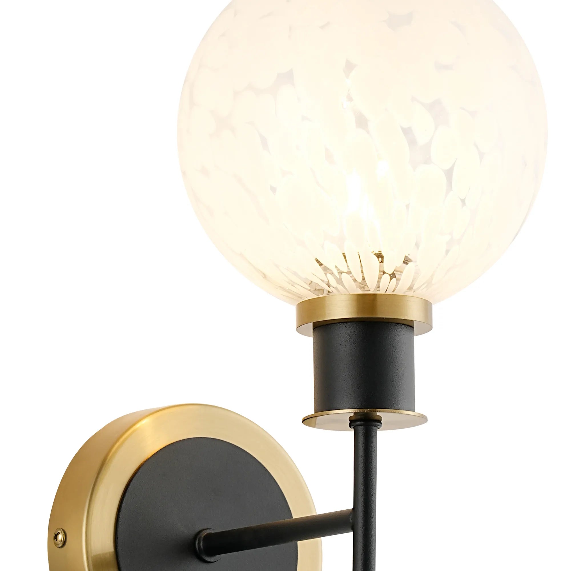 Sycamore Switched Wall Light with 15cm Round Speckled Glass Shade - Brass, White & Satin Black