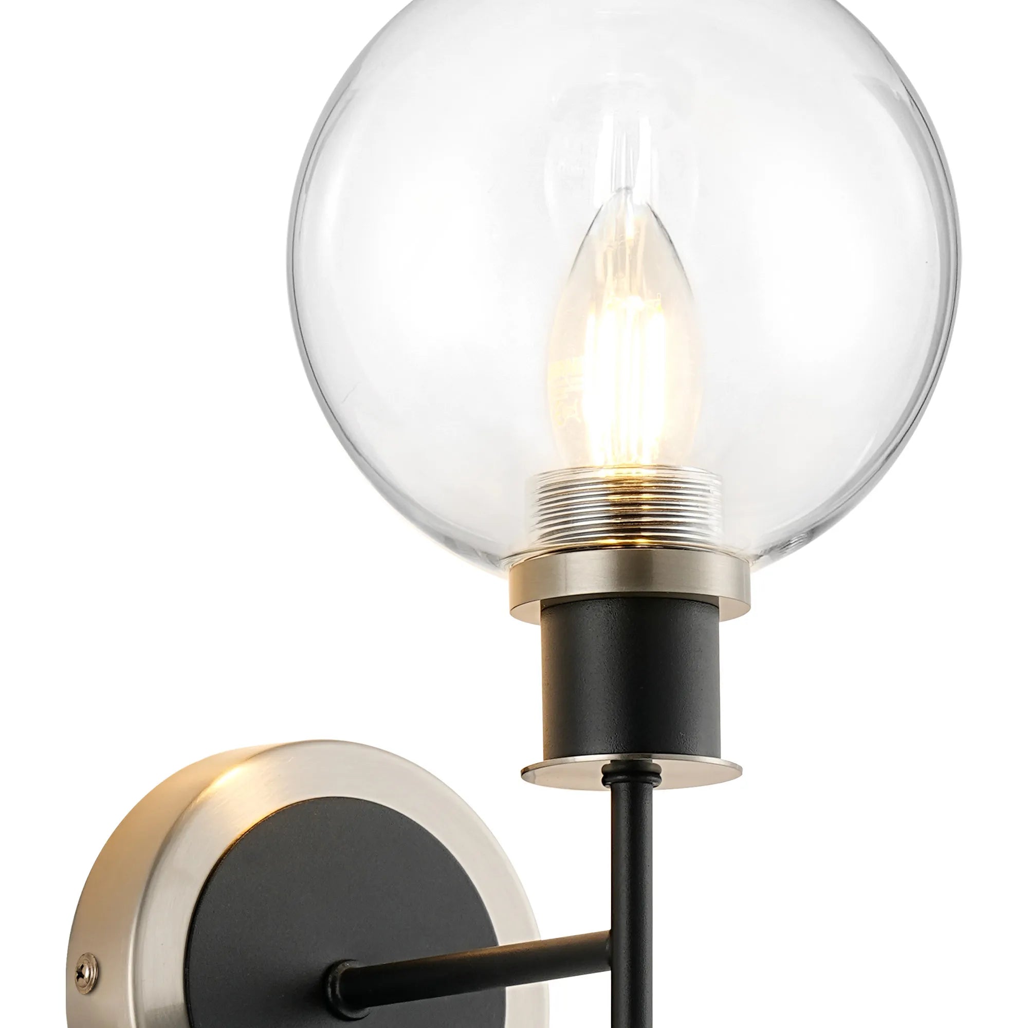 Sycamore Switched Wall Light with 15cm Round Glass Shade - Satin Nickel, Clear & Satin Black