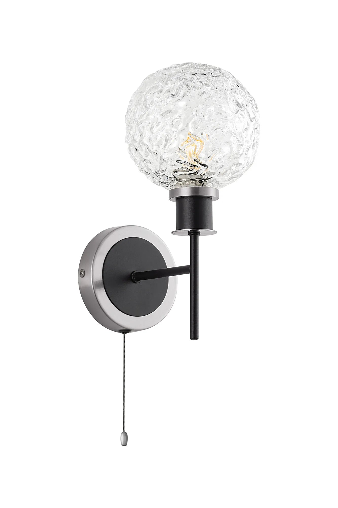 Sycamore Switched Wall Light with 15cm Round Textured Crumple Glass Shade - Satin Nickel, Clear & Satin Black