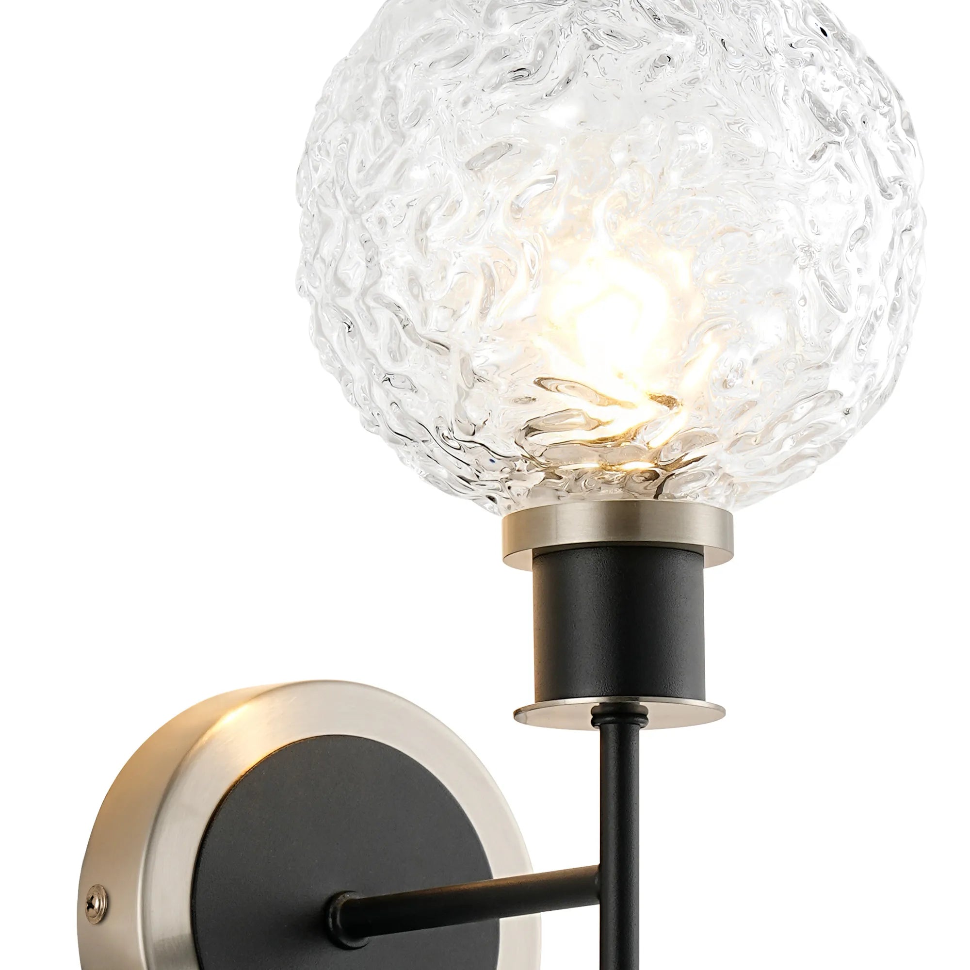 Sycamore Switched Wall Light with 15cm Round Textured Crumple Glass Shade - Satin Nickel, Clear & Satin Black