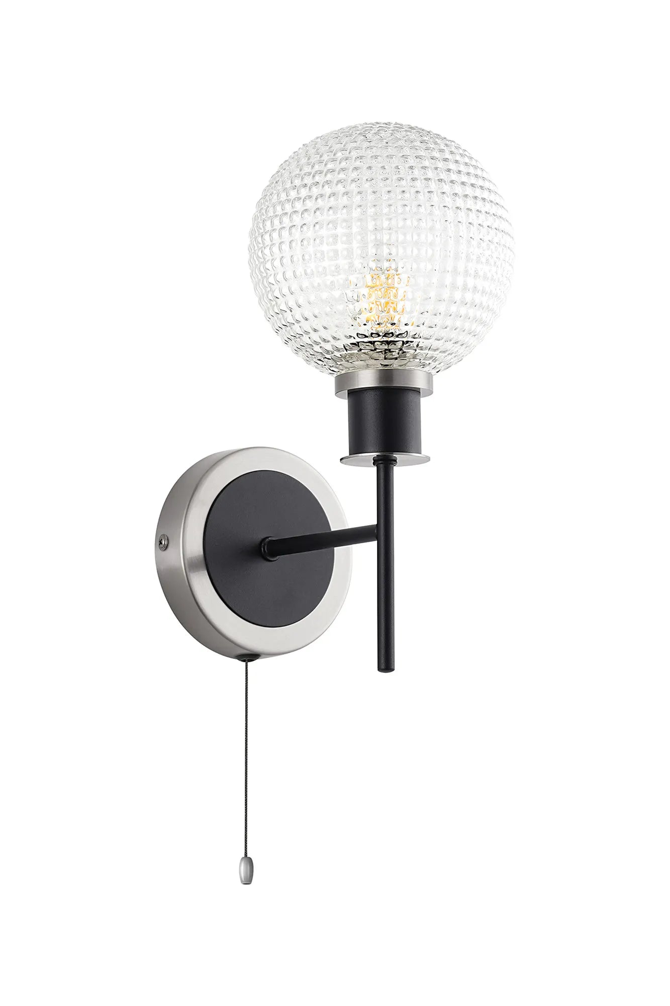 Sycamore Switched Wall Light with 15cm Round Textured Diamond Pattern Glass Shade - Satin Nickel, Clear & Satin Black
