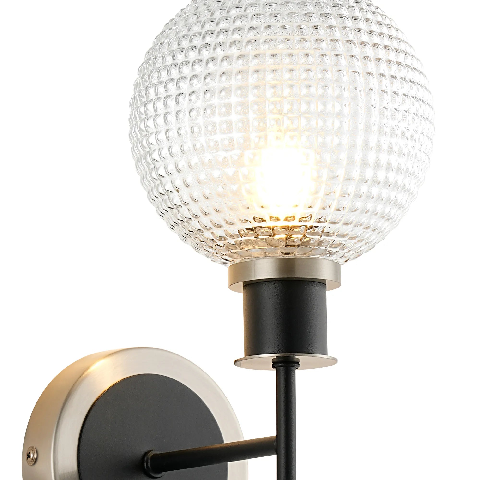 Sycamore Switched Wall Light with 15cm Round Textured Diamond Pattern Glass Shade - Satin Nickel, Clear & Satin Black